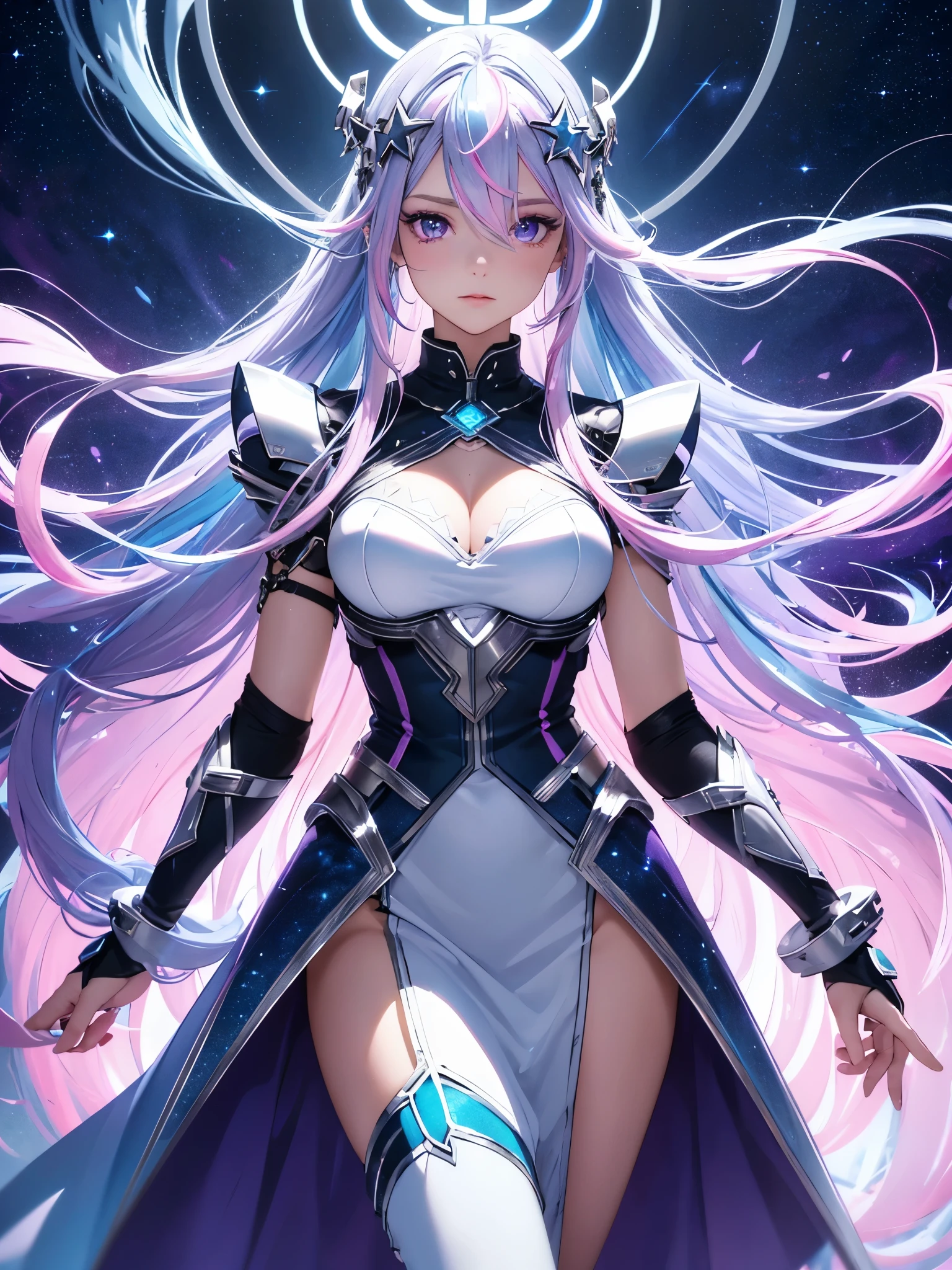 a goddess of light, (Silver blue hair streaked pink purple:1.4), (Gradient sky blue hair ends:1.6), hair strand, absurdly long hair, single sidelock, wavy hair, shiny hair, floating hair, (glowing Illusion deep purple eyes), delicate eyes, aqua eyes, High like real eyes, ((glowing eyes)), makeup, Focus on face, Very detailed facial, hot body, Random environment, Random pose, on the street, looking at the starry night sky, meteor, glowing clothing masterpiece, (((pure White extra long floating skirt and silver white armor))), (((floating several glowing colored cross stars beside))), Colored lights swirl around the body, (((glowing Extra large Illusion multiple complex magic circle stand upright floating on the back of the head))), full body shot, realism, chiaroscuro, (glowing light), sparkle, ray tracing, cinematic lighting, Futurism, motion blur, Ultra-Wide Angle, god rays, atmospheric perspective, best quality, UHD, super detail, masterpiece, highres, ccurate, retina, textured skin, super detail face, perfect face, Super fine facial details, beautiful and delicate eyes, perfect eyes, anatomically correct, correct limbs, correct figner, super detail figner, best hair quality, best clothing quality, best prop quality, best halo detail and quality, best magic circle detail and quality, complex halo detail,
