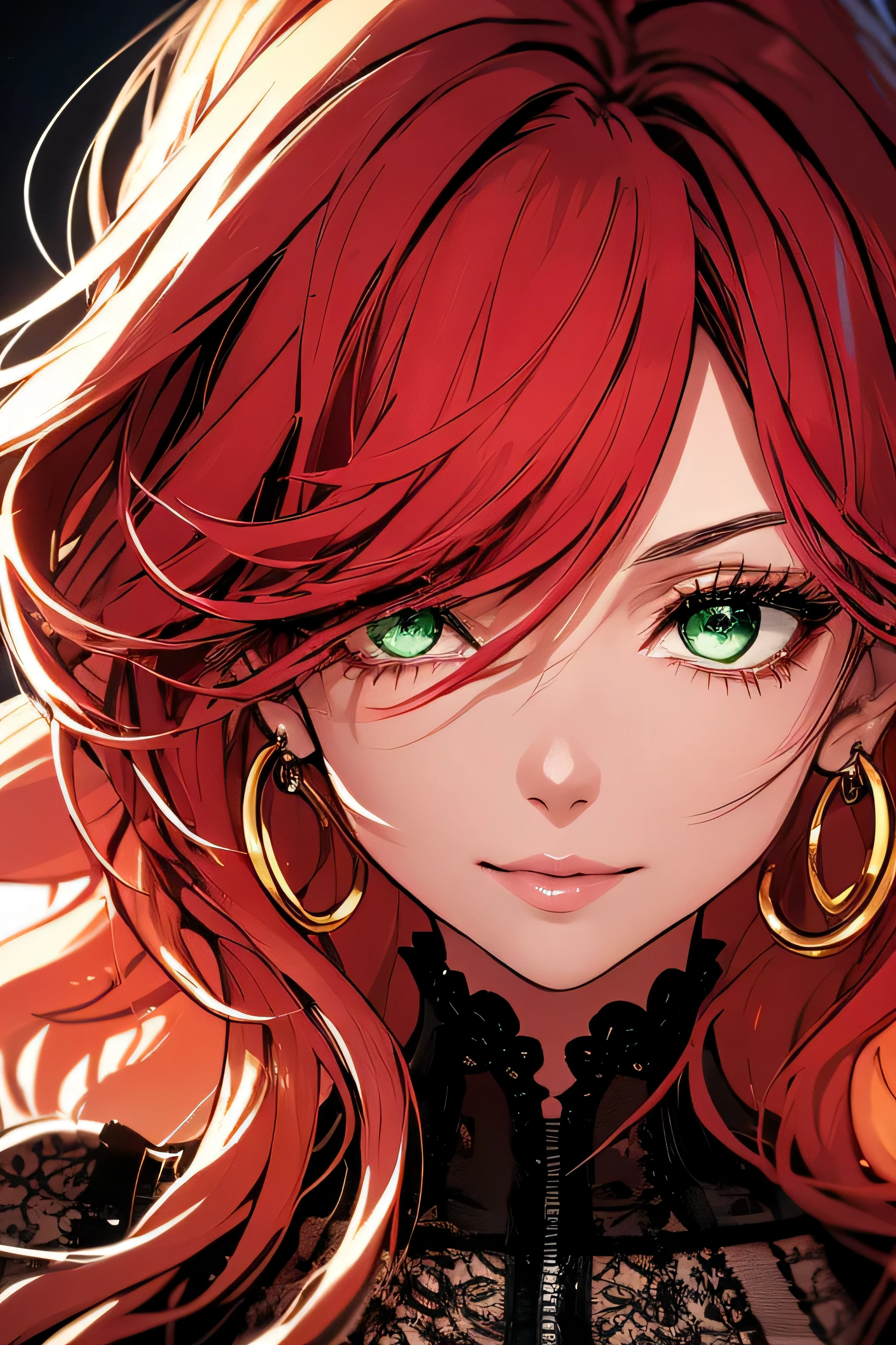 (highest quality,table top:1.2),(anime style,comic core:1.1),Upper body,adorable,highly detailed eyes,highly detailed face,very fine hair,8K,solve, semi-realistic anime portrait, 1 female, ((Green doe eyes)), red hair, long hair, wavy hair, flowing bangs, cute eyes, juicy lips, black modern lace crop top, Round earrings and rings, Beautiful face with makeup, red eyeshadow, doll-like face, Fake bright smile, Popular girls, shadows falling on the eyes