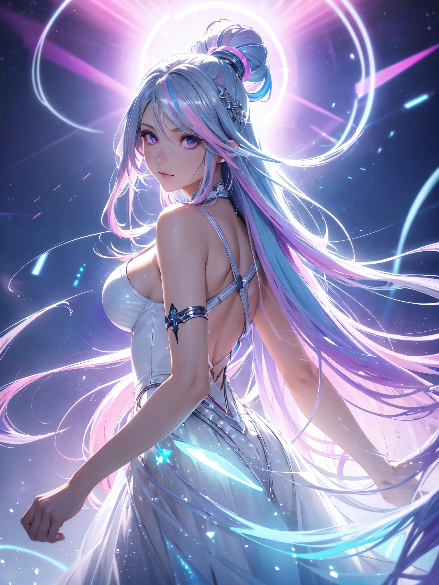 1 girl, 20 year old girl, one person, (Silver blue hair streaked pink purple:1.4), (Gradient sky blue hair ends:1.6), hair strand, absurdly long hair, single sidelock, wavy hair, shiny hair, floating hair, (Illusion deep purple eyes), delicate eyes, aqua eyes, High like real eyes, ((glowing eyes)), makeup, Focus on face, Very detailed facial, hot body, Random environment, Random pose, on the street, looking at the starry night sky, meteor, Technical clothing masterpiece, White extra long skirt, several cross stars beside, Colored lights swirl around the body, (((Extra super huge colorful extra super complex multiple glowing magic circle upright on the back of the head))), cyberpunk, full body shot, realism, chiaroscuro, (glowing light), sparkle, ray tracing, cinematic lighting, Futurism, motion blur, Ultra-Wide Angle, god rays, atmospheric perspective, best quality, UHD, super detail, masterpiece, highres, ccurate, retina