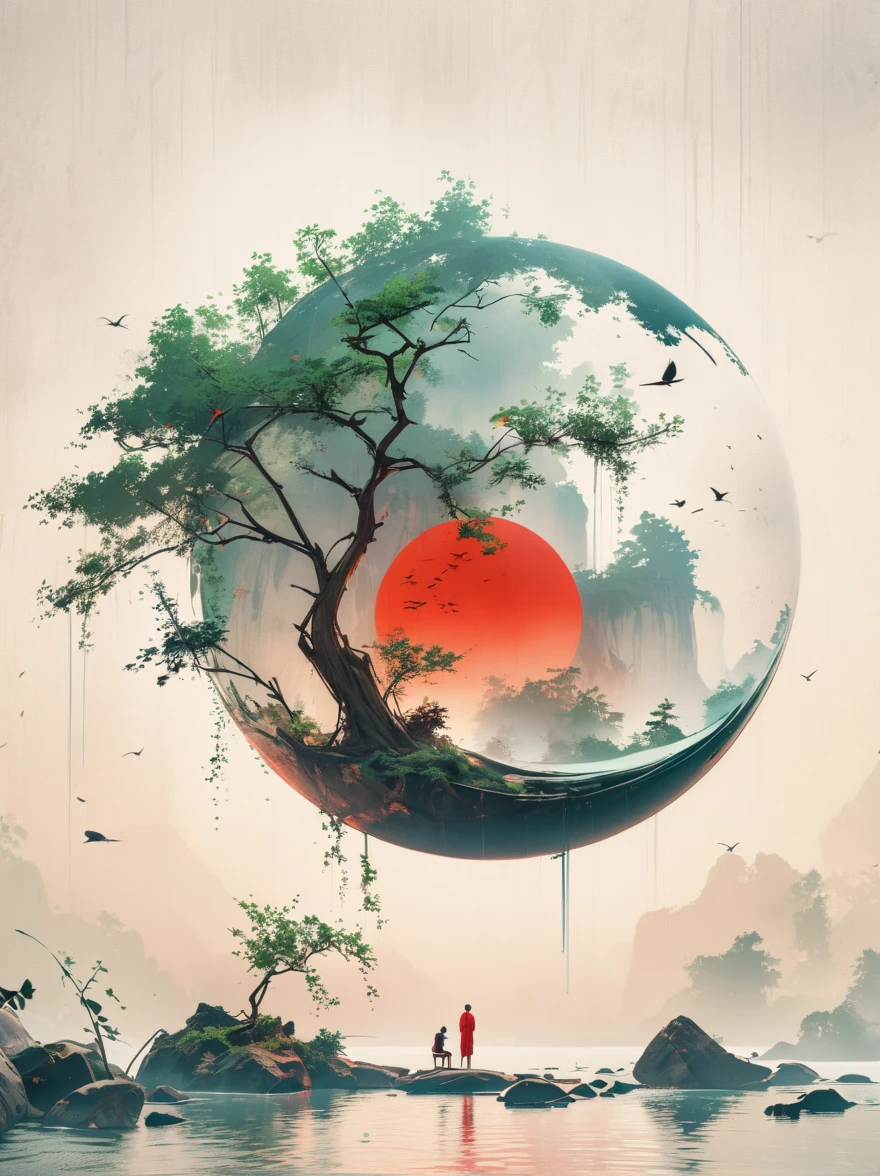 Minimalist composition red sun with black man sitting on it mirror reflection of tree and water surface, surrealism, clean background, in the style of cinema4d rendering, high resolution photography, dream scene, minimalist sculpture art installation