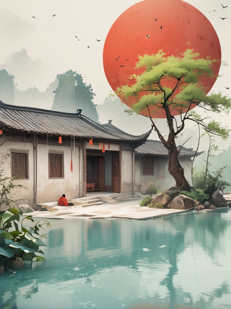 Minimalist composition red sun with black man sitting on it mirror reflection of tree and water surface, surrealism, clean background, in the style of cinema4d rendering, high resolution photography, dream scene, minimalist sculpture art installation