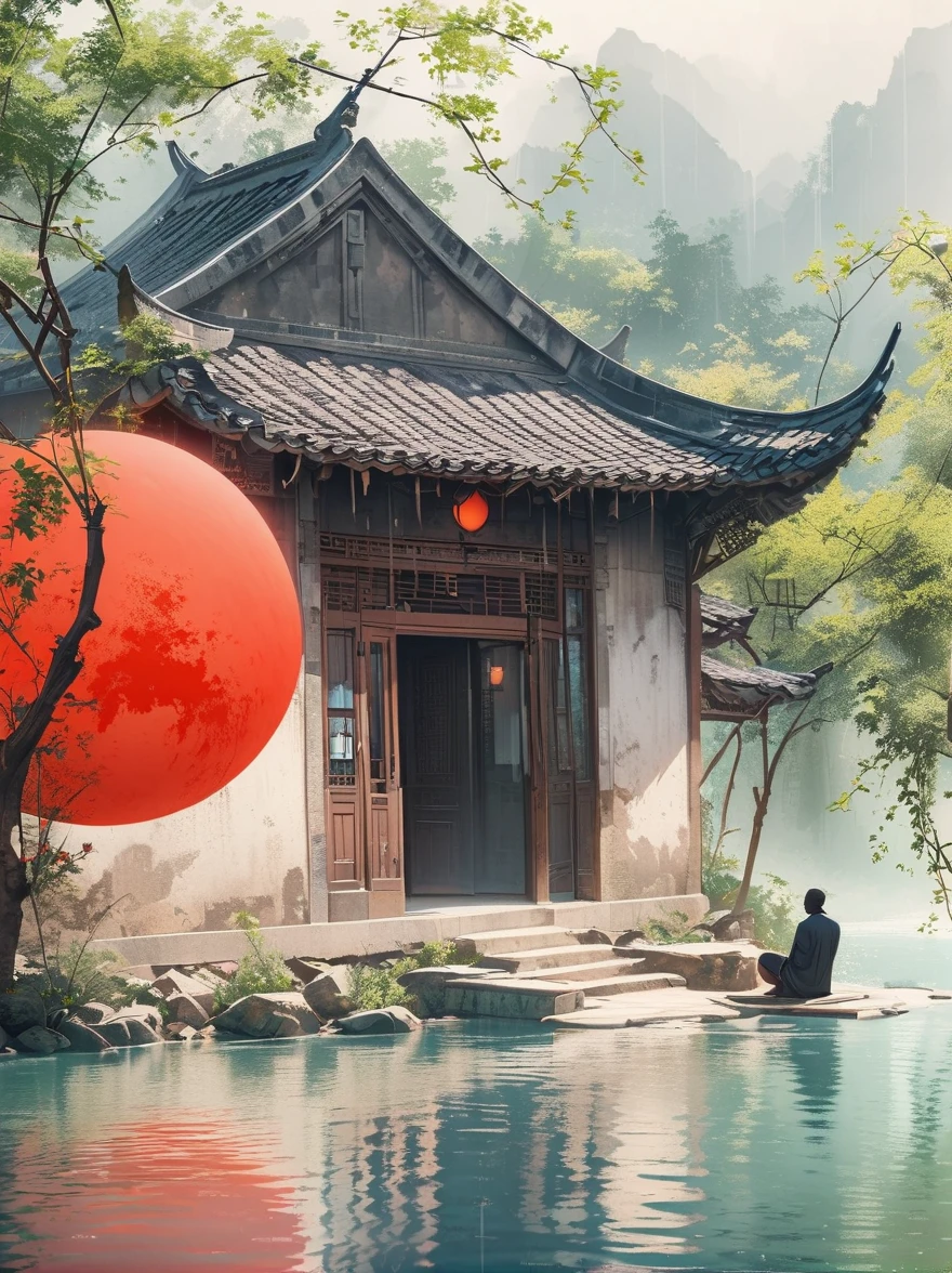 Minimalist composition red sun with black man sitting on it mirror reflection of tree and water surface, surrealism, clean background, in the style of cinema4d rendering, high resolution photography, dream scene, minimalist sculpture art installation