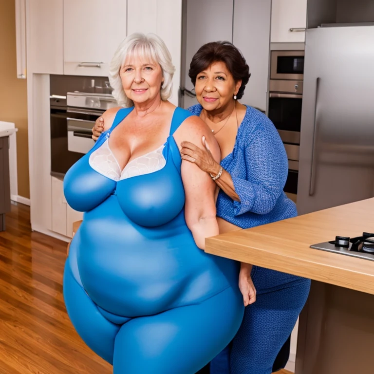 Mature woman, grandmother wearing blue bikini standing in a kitchen, full body, very large bosum , insanely inflated hips , largest haunches, thick legs ,thick hips, very wide hips, small jiggly belly