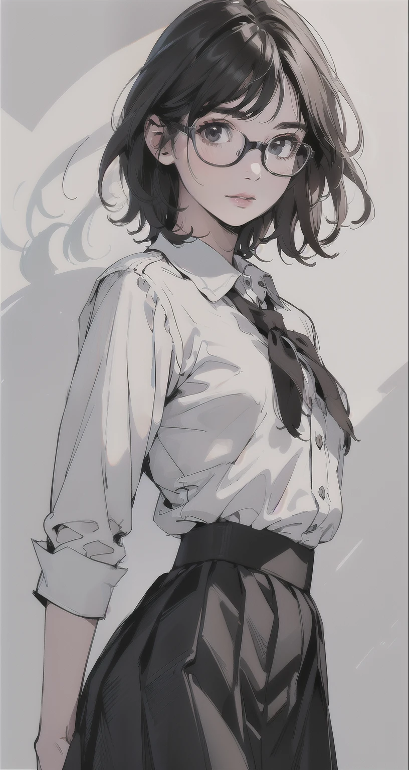 { masterpiece : best quality : detailed face : high resolution : detailed lips : unity 8k wallpaper : 3d realistic illustration } { Background = Library } { Teenager : dark brown Short  hair : : perfect slender body : perfectly small shape breast : glasses : : white collar shirt : school black skirt : shy pose}