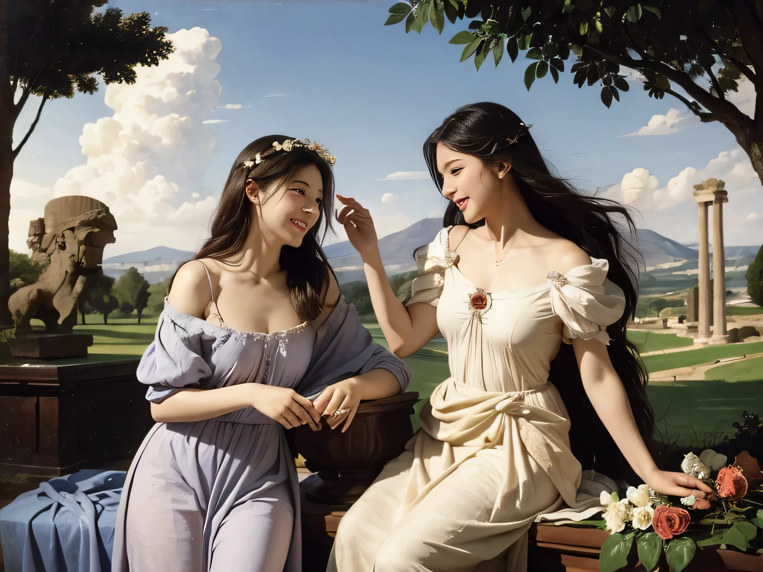 full body portrait or statue、Giorgione painting style,Arguments of two female Philosophe,math、astronomical machine、astronaut、roses in vase、fruits、Cute trinkets、smile、ancient greek costume、Ancient Roman landscape in the style of Nicolas Poussin,laughter,,Sweet and seductive appearance.、Caravaggio's paintings、Chiaroscuro of Caravaggio、hair tousled by the wind,Two women frolicking,cute smile, expression of ,Sexy,erc