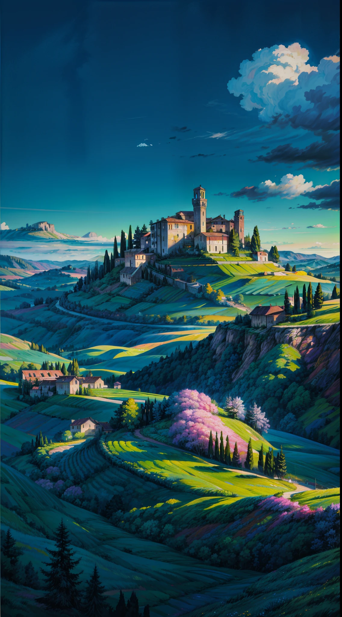 a painting of a landscape with hills and flowers, highly detailed landscape, tuscany hills, painting by dan mumford, dan mumford. maya render, dan mumford paint, scenery artwork, colorful landscape painting, dan mumford. concept art, romanticism landscape painting, background art, in the style dan mumford artwork, scenery art detailed, by Dan Mumford, 4k hd,, beautiful art uhd 4 k, a beautiful artwork illustration, beautiful digital painting, highly detailed digital painting, beautiful digital artwork, detailed painting 4 k, very detailed digital painting, rich picturesque colors, gorgeous digital painting