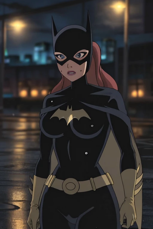 (masterpiece, best quality), intricate details, 1girl, CARTOON_batgirl_ownwaifu,www.ownwaifu.com,no mask,long hair,blue eyes,bodysuit,breasts,cape,domino mask,belt,medium breasts,superhero,gloves,lips,black bodysuit,no helmet,belt buckle,horns,bat_print,pouch, curvy, toned, large breasts, narrow waist, City, rain, wet pavement, puddles, reflections, sexy fit body , wet , scared