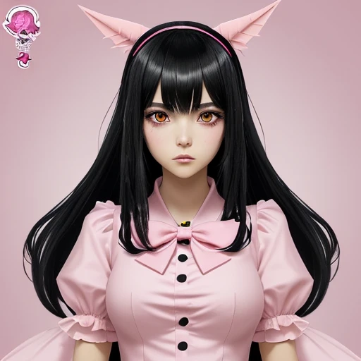 unique anime game character, girl, clanwar lord, long straight black hair with bangs, pink clothing, pink headdress or pink bow on the head, girly, bimbo, intimidating but cute, bubbly personality, her favorite color is pink