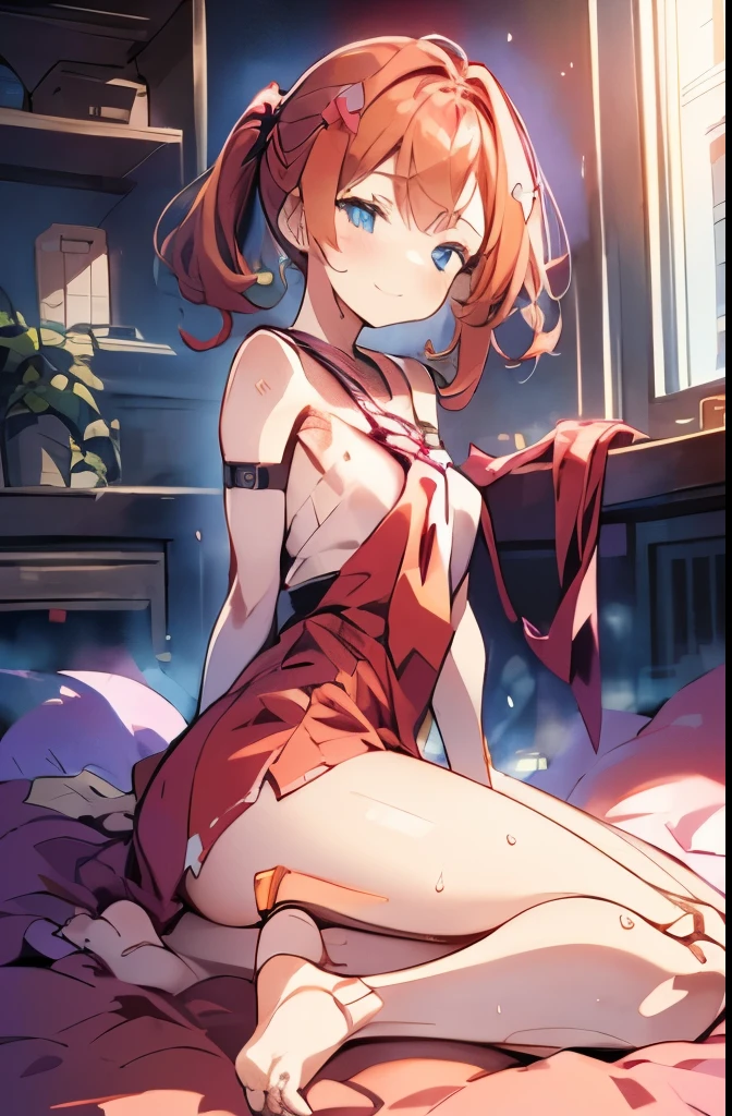 A Female robot is sleeping in bedroom, spread legs, nude, banzai pose. she wears no dress. She Brown short hair is tied with two big red clothespins, She lifts up the under hem of her white plain dress, leaning over, masterpiece, very short pigtails,brown hair, mature, android, blue eyes, full body figure, Height: 160cm, flushed cheeks, 2020s anime picture, A beautiful robot with short brown hair in two short pigtails held up by two very large huge red clothespins, Uplifting, No NSFW, whole body, barefoot, archaic smile, getting orgasm, 25 years old, sweat bucket. 