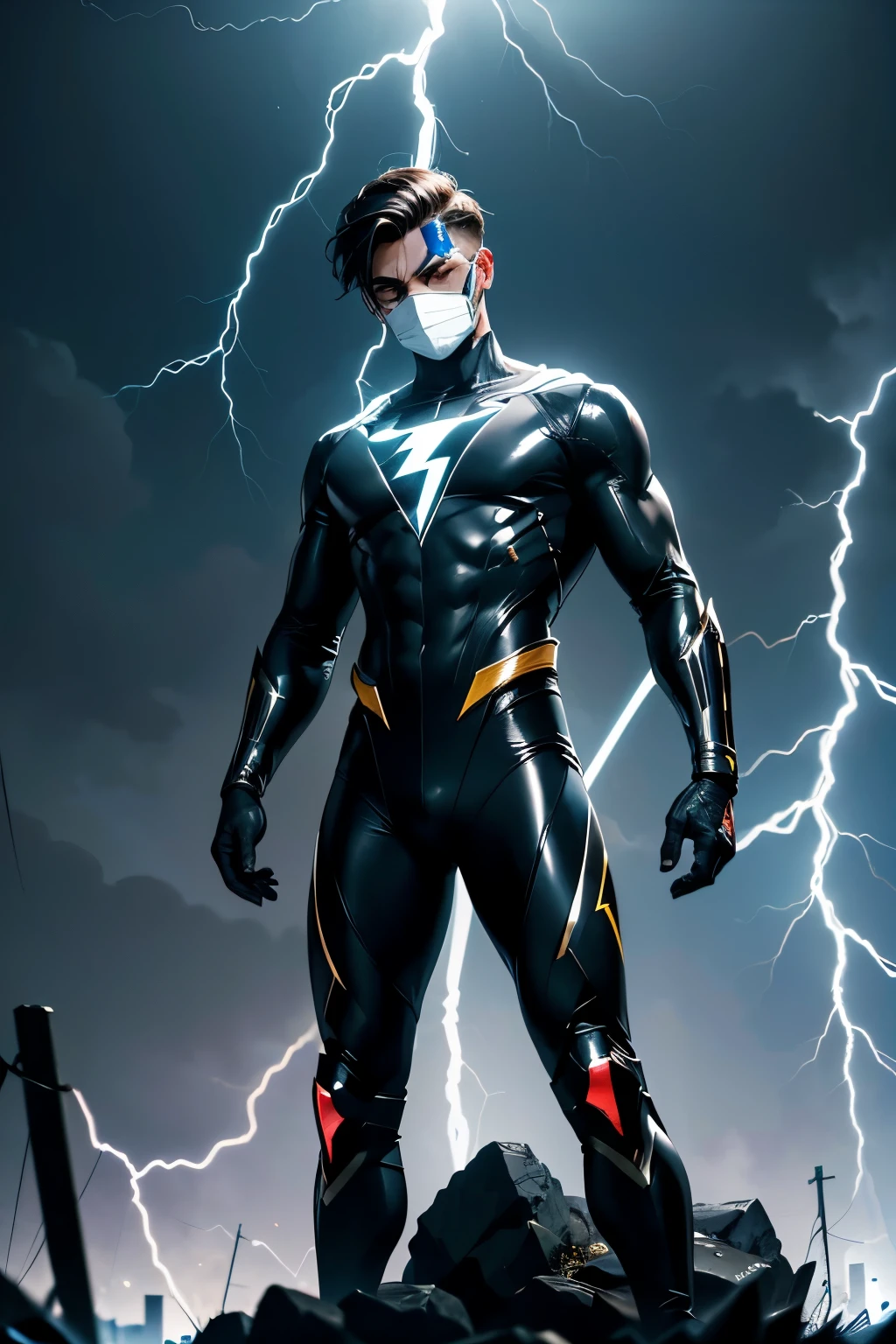 create a young male superhero with the power to control and manipulate electricity and lightning. he wears a mask, which is part of his suit. the suit must be black with white touches and blue lining. it must be attractive and creative. the general atmosphere must be calm to put the focus on the suit. the mask must be simple, but must secure his secret identity very well.