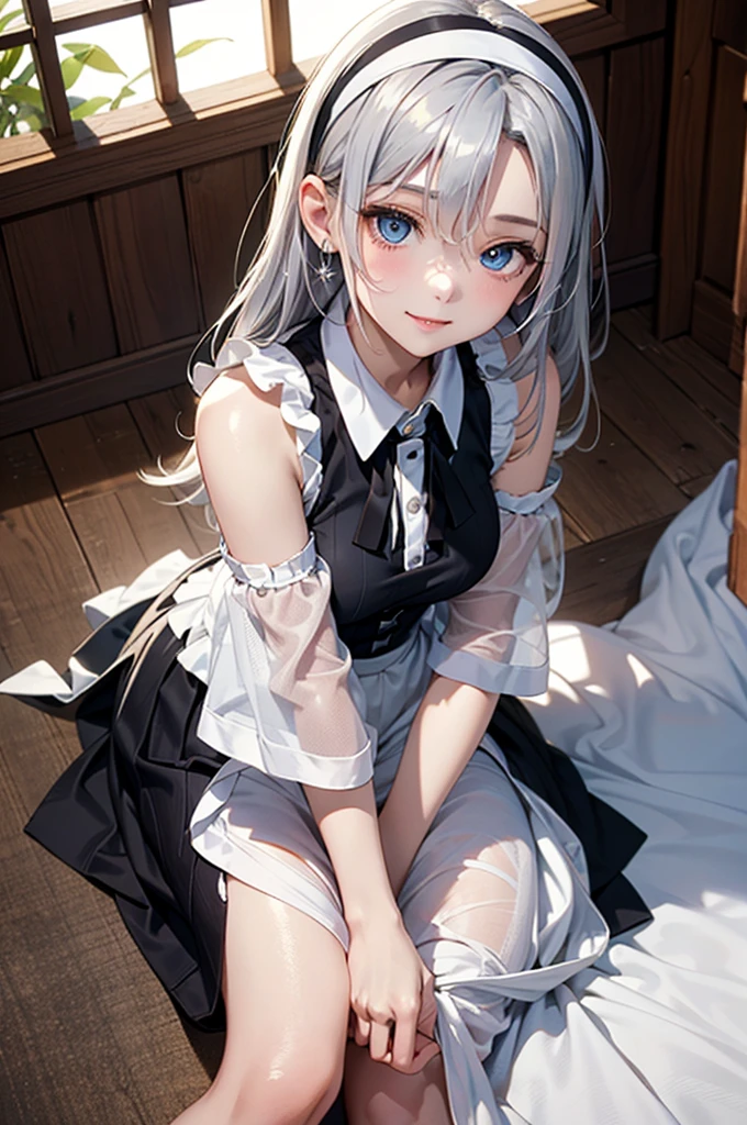 (最高masterpiece, highest quality, highest quality,official art),(mature woman:1.3),(attractive woman made),((masterpiece, highest quality))、8K、one woman、((30 years old))、((silver hair))、long hair、messy hair、attractive woman、blue eyes、Big eyes、sparkling eyes、Beautifully drawn eyes、((close one eye))、smile、small bust、Black Gothic Maid、((white headband))、(Knee to head:1.3)、Entrance of a luxurious house、aerial perspective、pure、transparent、Light、Light、Light、