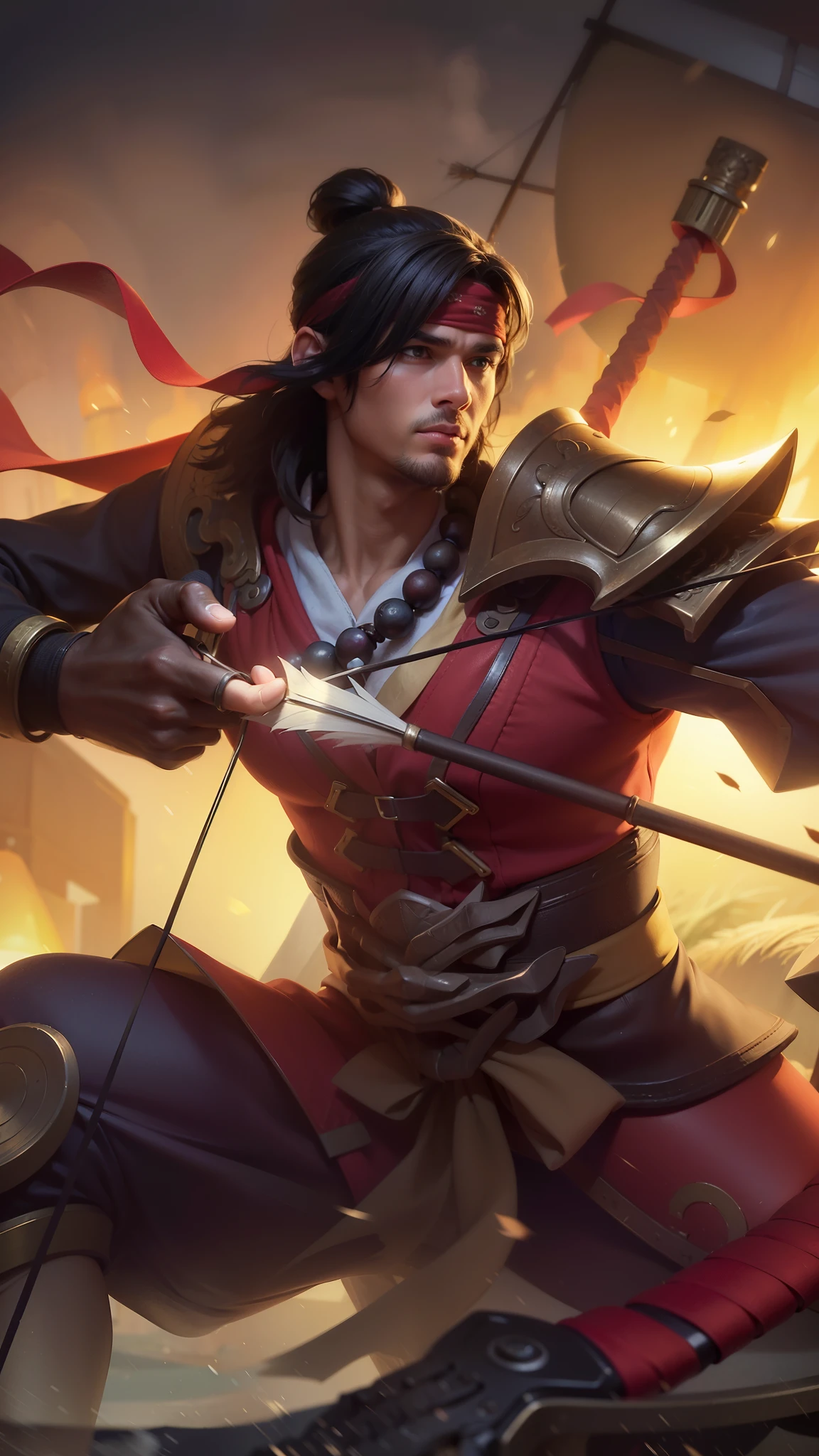 Young man with a bow and hand holding arrows, 8k, ultra hd, ultra detailed texture, hyper realistic, masterpiece, detailed texture, detailed face, detailed skin, detailed lighting, (photorealistic:1.5), best quality, beautiful lighting, cinematic lighting, professional lighting, ultra highres, realistic, detailed hair, real hair, high quality, (realskin:1.5), extremely detailed, finely detail, ultra-detailed, red bandana.