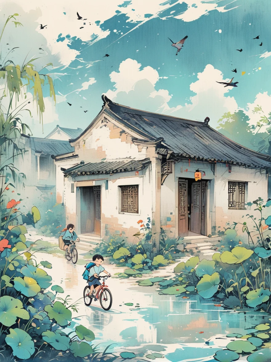 A cute little boy riding a bicycle,The background is green grass and blue sky,Chinese ink style。Cartoon character design uses light cyan as the main color,There are some white clouds floating around。He has short hair,Wearing a shirt with a teddy bear on it。Color illustration showing bubbles flying next to them。high resolution