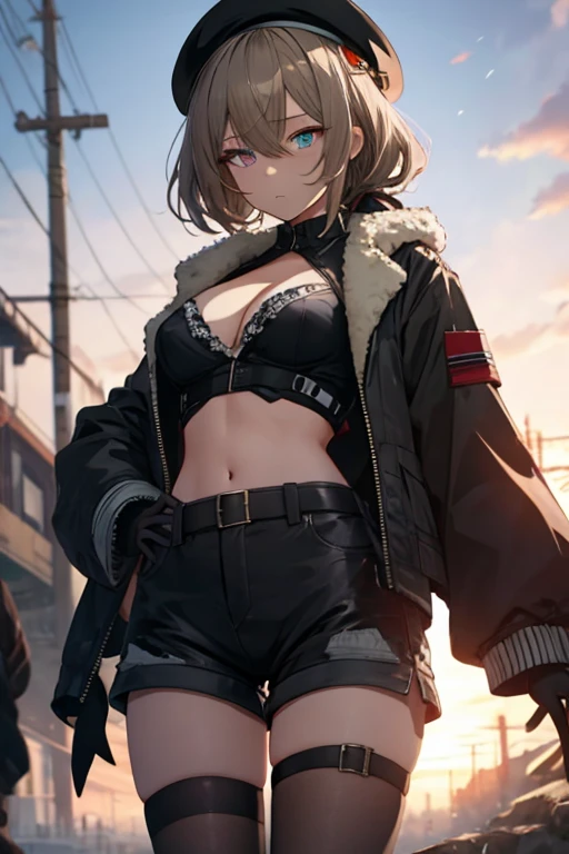 ubel,dark green hair,long hair,side ponytail,hair between eyes,bangs, BREAK (beret, black jacket, open clothes, cleavage, midriff, black shorts, black thighhighs, thigh strap, fingerless gloves, single glove:1.2) BREAK blurry background, BREAK pose, hand on hip, BREAK (masterpiece:1.2), best quality, high resolution, unity 8k wallpaper, (illustration:0.8), (beautiful detailed eyes:1.6), extremely detailed face, perfect lighting, extremely detailed CG, (perfect hands, perfect anatomy),