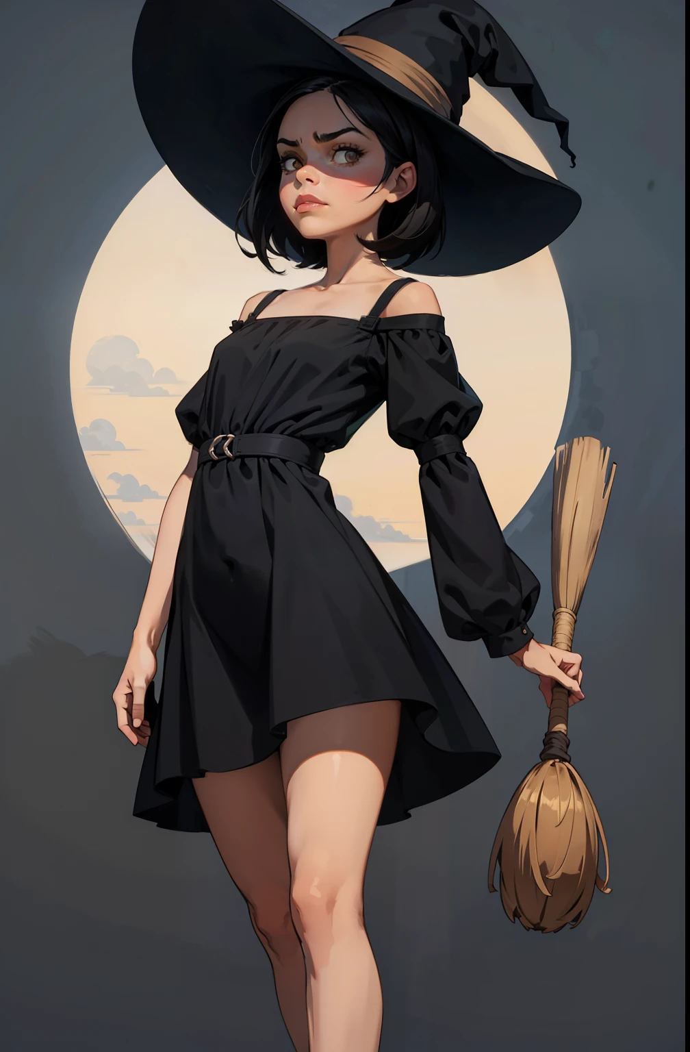 maquiagem, Lips are soft or colored, fundo preto simples, minimalismo, monotonous, paletas de cores vivas, small girl, grumpy face, short dress, shows her feet, short black dress, straight hair tied up, flying on a witch's broom, has a black cat, perfect anatomy, dynamic pose, perfect hands, wind in the dress