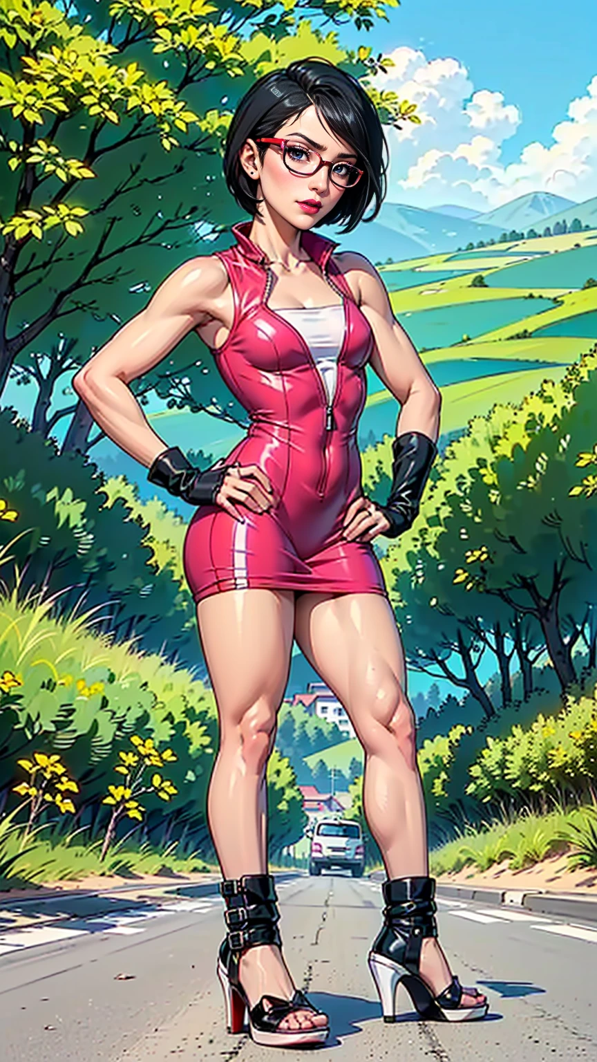 (1 girl, Alone, alone), (WakatsukiRisa, Sarada uchiha, black hair, ((short hair, black eyes, red glasses))), ((Alone, (1 woman, ((small bust, big ass)), pink lipstick pink, Black eyes), extremely detailed, Soft ambient lighting, 4K, perfect eyes, a perfect face, Perfect Lighting, the 1 girl)), ((fitness, shapely body, athletic body, toned body)), ((dress red, high heels, white high heels, white and black high heels, admiring the landscape, face in profile, walking on a road, landscape of hills, dirt road, tree, blue sky, could))