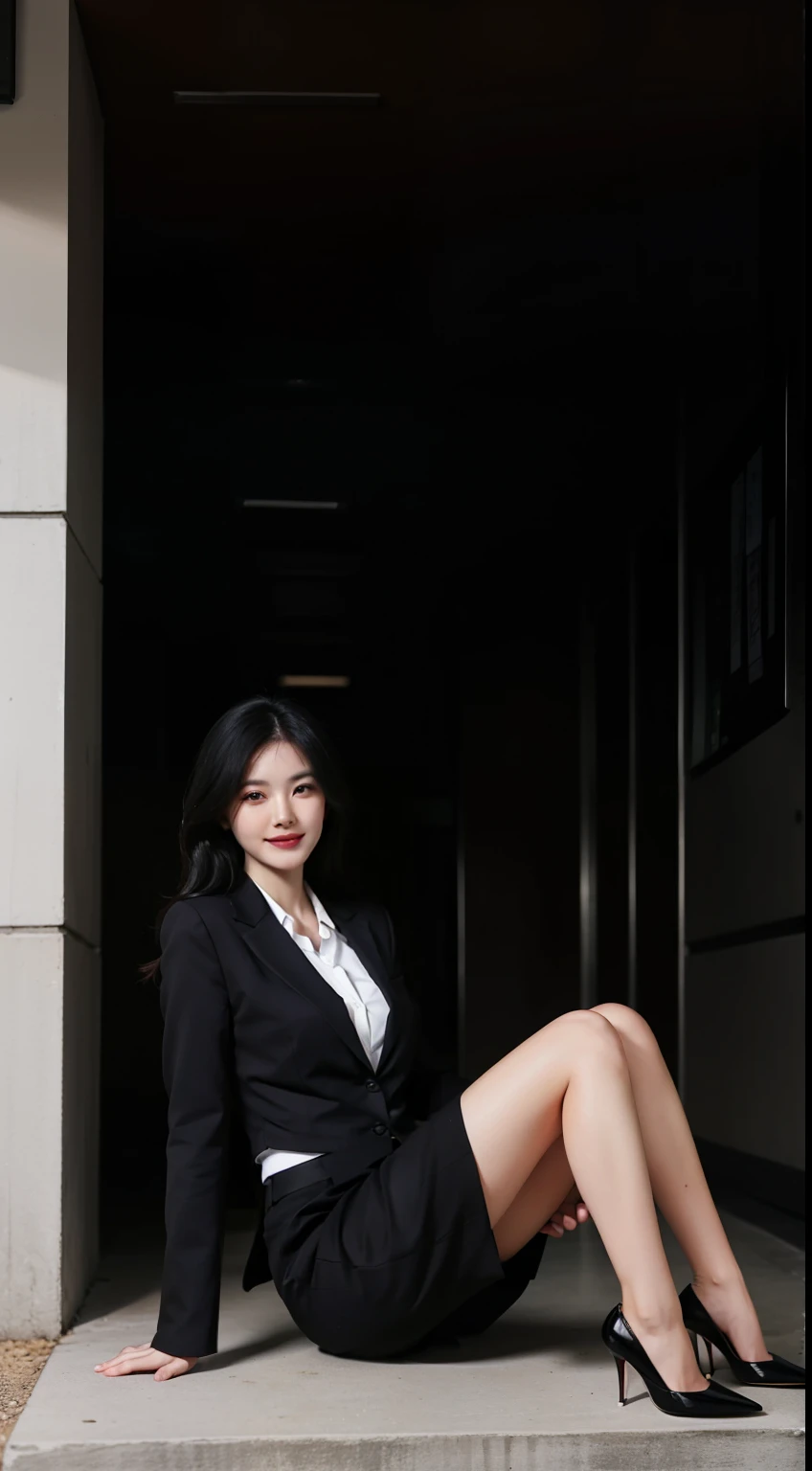 best quality, full body portrait, delicate face, pretty face, slim figure, office lady,office clothes, Black suspenders, long black hair,Lovely,Smile,sitting position,Black and red high heels