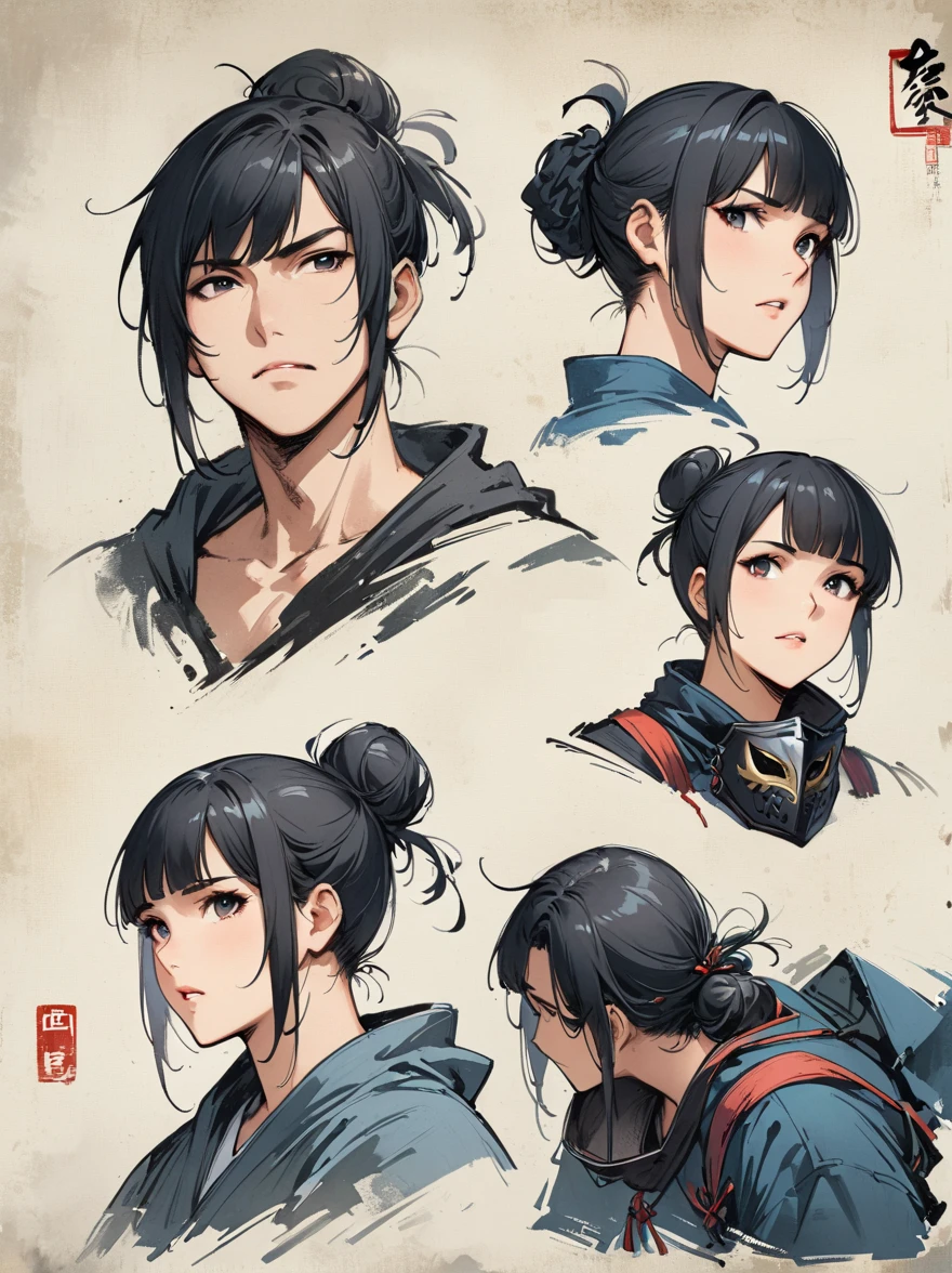 Scarlet concept art，Wearing a ninja costume with black and red accents，Black hair combed into a bun，Bangs cover half of the face，The mask covers the mouth，Only the chin is covered，Wearing a black eye mask around the neck，portrait from waist up，stand on the wall，The back is a samurai sword，Artstation style numbers， dynamic poses，Chinese ink style，film lighting。