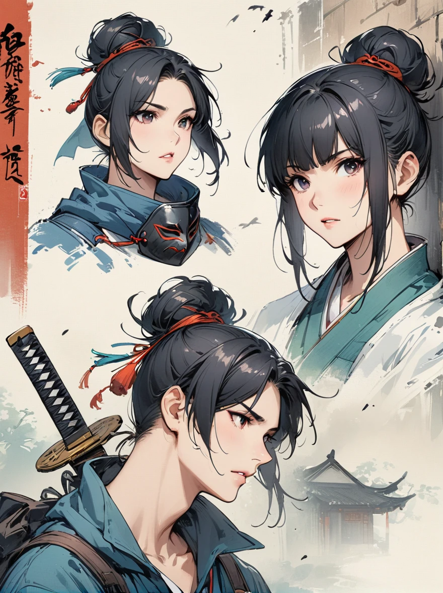 Scarlet concept art,Wearing a ninja costume with black and red accents,Black hair combed into a bun,Bangs cover half of the face,The mask covers the mouth,Only the chin is covered,Wearing a black eye mask around the neck,portrait from waist up,stand on the wall,The back is a samurai sword,Artstation style numbers, dynamic poses,Chinese ink style,film lighting。