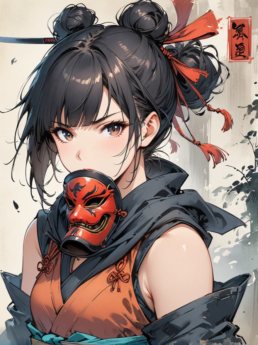 Scarlet concept art，Wearing a ninja costume with black and red accents，Black hair combed into a bun，Bangs cover half of the face，The mask covers the mouth，Only the chin is covered，Wearing a black eye mask around the neck，portrait from waist up，stand on the wall，The back is a samurai sword，Artstation style numbers， dynamic poses，Chinese ink style，film lighting。