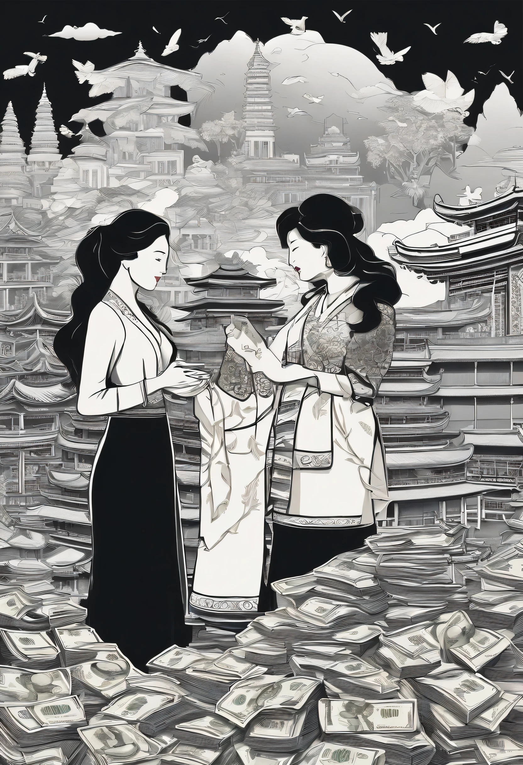 could you create a image that illustrates, or signifies a money transfer from China to Cambodia, and show 2 characters, the buyer, and the business as chinese women looking happy and handing over the money.