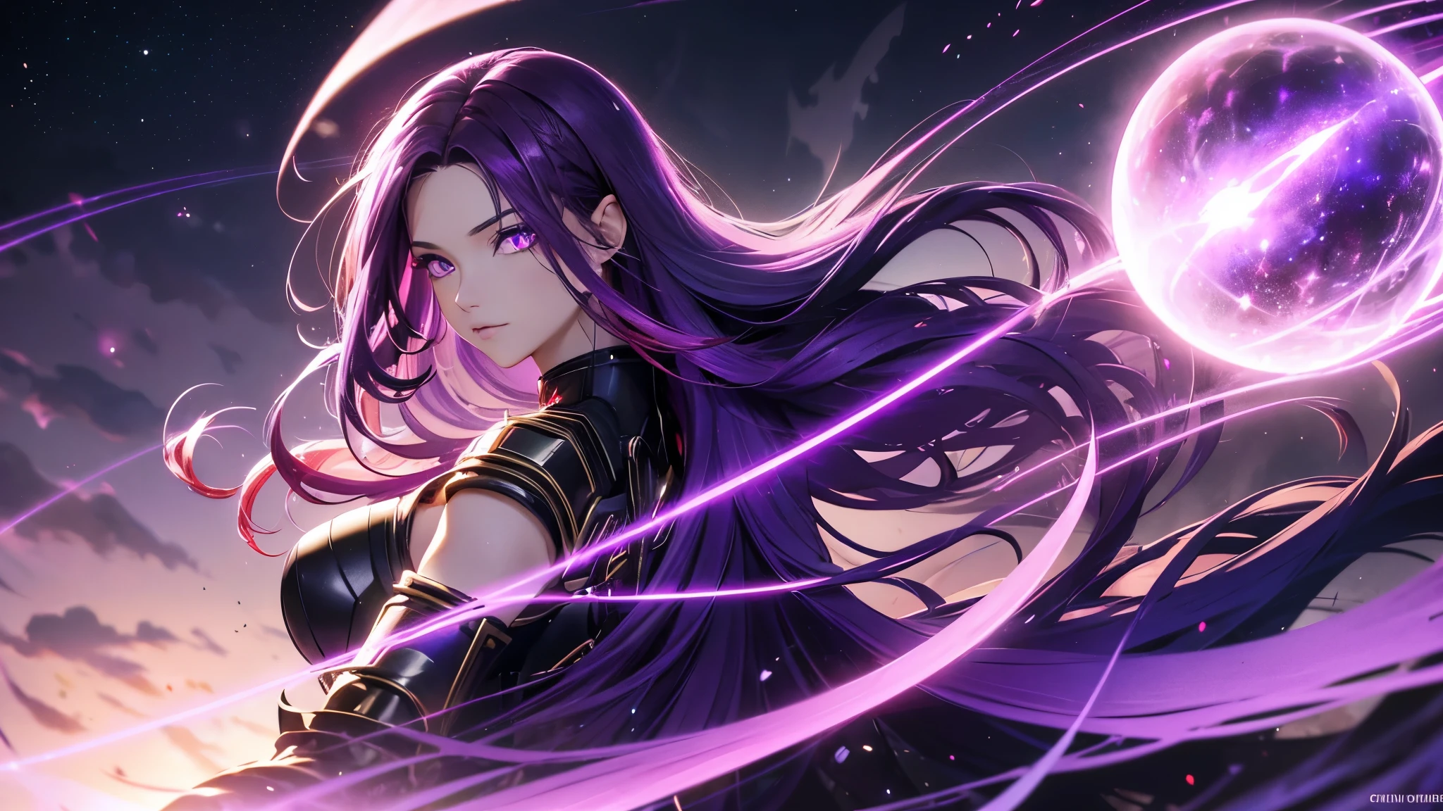 A goddess of dark, (Dark purple hair streaked glowing purple :1.4), (Gradient purple red hair ends:1.6), hair strand, absurdly long straight hair, shiny hair, floating hair, (((Glowing illusion purple eyes))), delicate eyes, aqua eyes, High like real eyes, ((glowing eyes)), makeup, Focus on face, Very detailed facial, sexy and fittness body, Random environment, Random pose, (((Floating in the sky of the city))), (((Floating on the dark clouds))), glowing clothing masterpiece, (((red glowing black armor))), (((Hand holding spinning black hole))), several colored crystal shard beside, purple lights swirl around the body, (((Large colorful glowing magic circle stand upright floating on the back))), full body shot, realism, chiaroscuro, (glowing light), sparkle, ray tracing, cinematic lighting, Futurism, motion blur, Ultra-Wide Angle, god rays, atmospheric perspective, best quality, UHD, super detail, masterpiece, highres, ccurate, retina, textured skin, super detail face, perfect face, Super fine facial details, beautiful and delicate eyes, perfect eyes, anatomically correct, correct limbs, correct figner, super detail figner, best hair quality, best clothing quality, best prop quality, best halo detail and quality, best magic circle detail and quality, complex halo detail,