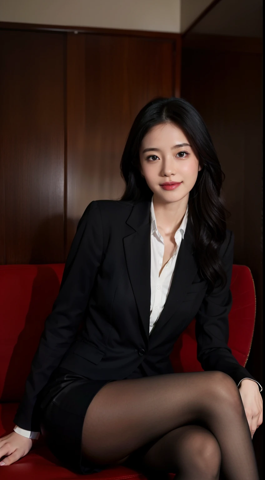 best quality, full body portrait, delicate face, pretty face, slim figure, office lady,office clothes, Black suspenders, long black hair,Lovely,Smile,sitting position,Black and red high heels