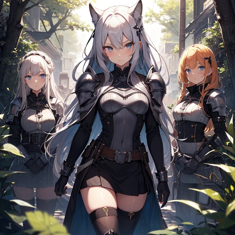A group of  female knight, (in forest), various hair styles, harem, wearing armored clothes, metal armor, night, details face, , short skirt, seducing, sword 