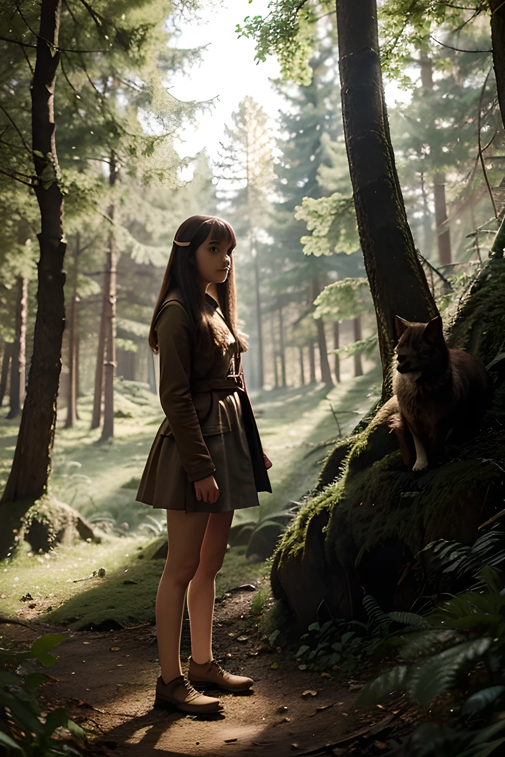 Illustration for a fairy tale about a girl, standing in the forest, who can talk to animals"