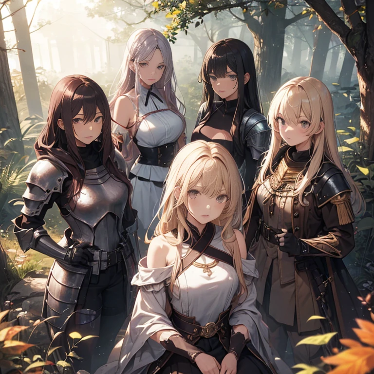 A group of female knight, (in forest), various hair styles, harem, wearing armored clothes, metal armor, night, details face, trousers, seducing, sword,
