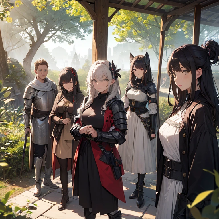 A group of  female knight, (in forest), various hair styles, harem, wearing armored clothes, metal armor, night, details face, trousers, seducing, sword, 