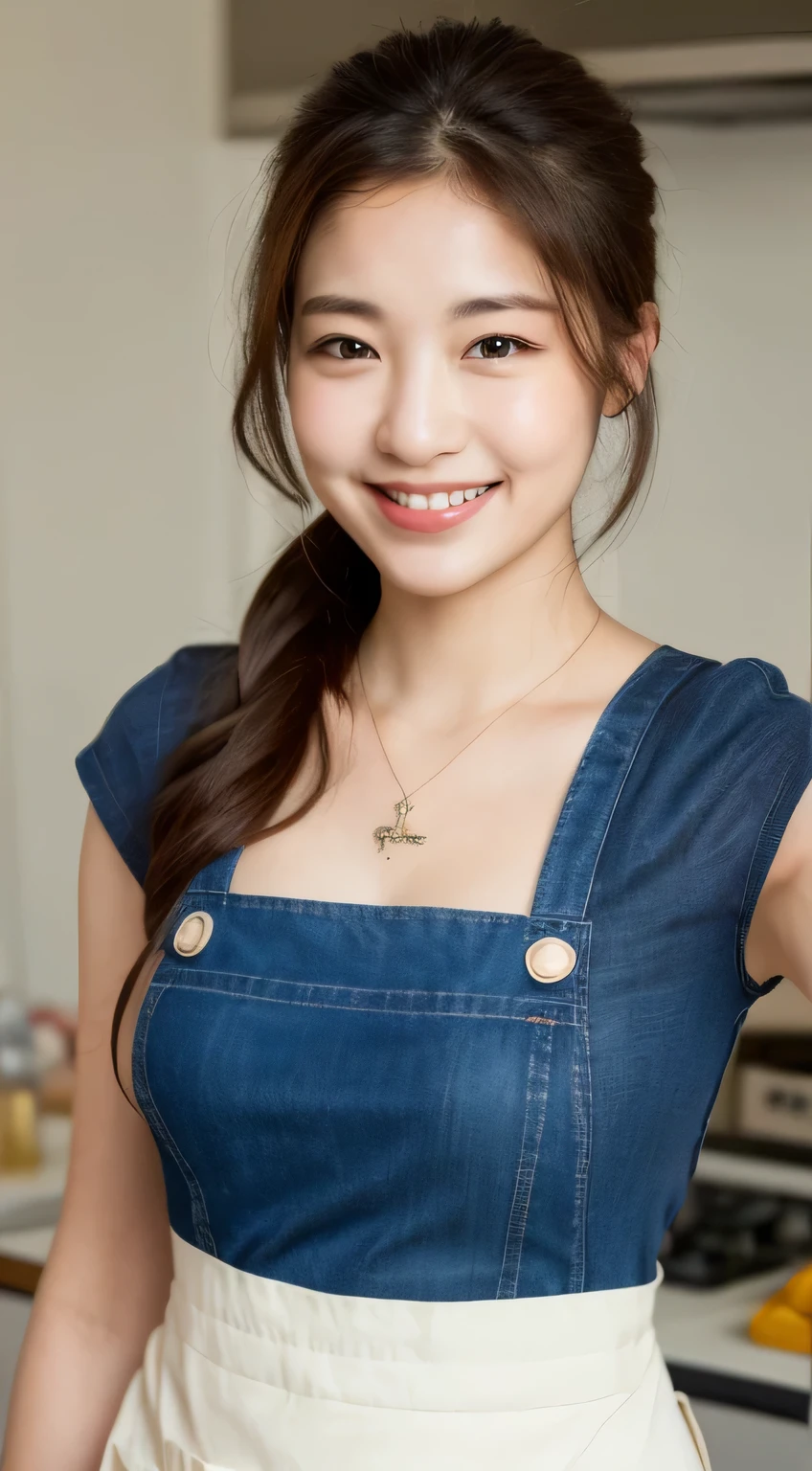 (highest quality, 8K, masterpiece: 1.3), beautiful woman with perfect figure: 1.4, dark brown hair, wearing a pendant, wearing an apron, in the kitchen, highly detailed face and skin, fine eyes, double eyelid, big breasts, smile