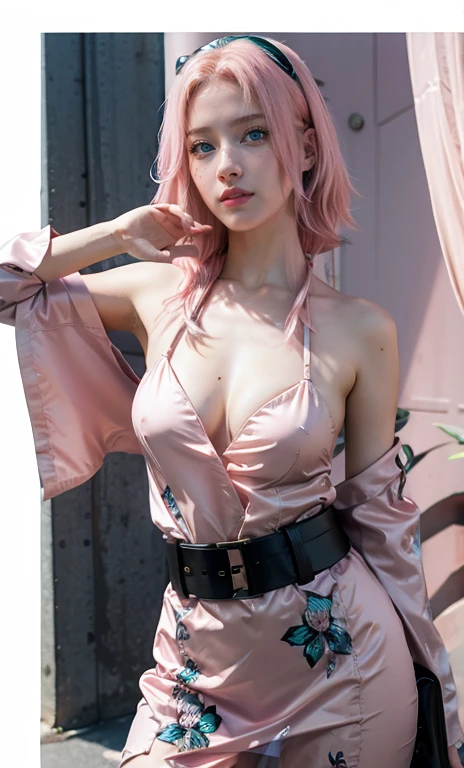 young woman pale skin, long bubblegum pink hair, pink eyebrows, big jade green eyes, buttoned nose, peach lips, small breasts, wide forehead, flower and butterfly kimono, Sakura Haruno, realistic, 3d