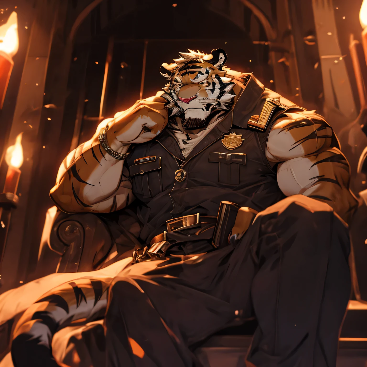 The young police officer is strong and muscular.,muscular,He's a tiger orc,Is a young and strong muscle S。His orange fur has distinctive tiger stripes。His features are fierce and heroic,Jin's eyes are unique and beautiful。He stood in police uniform and police hat.,The whole person is full of energy