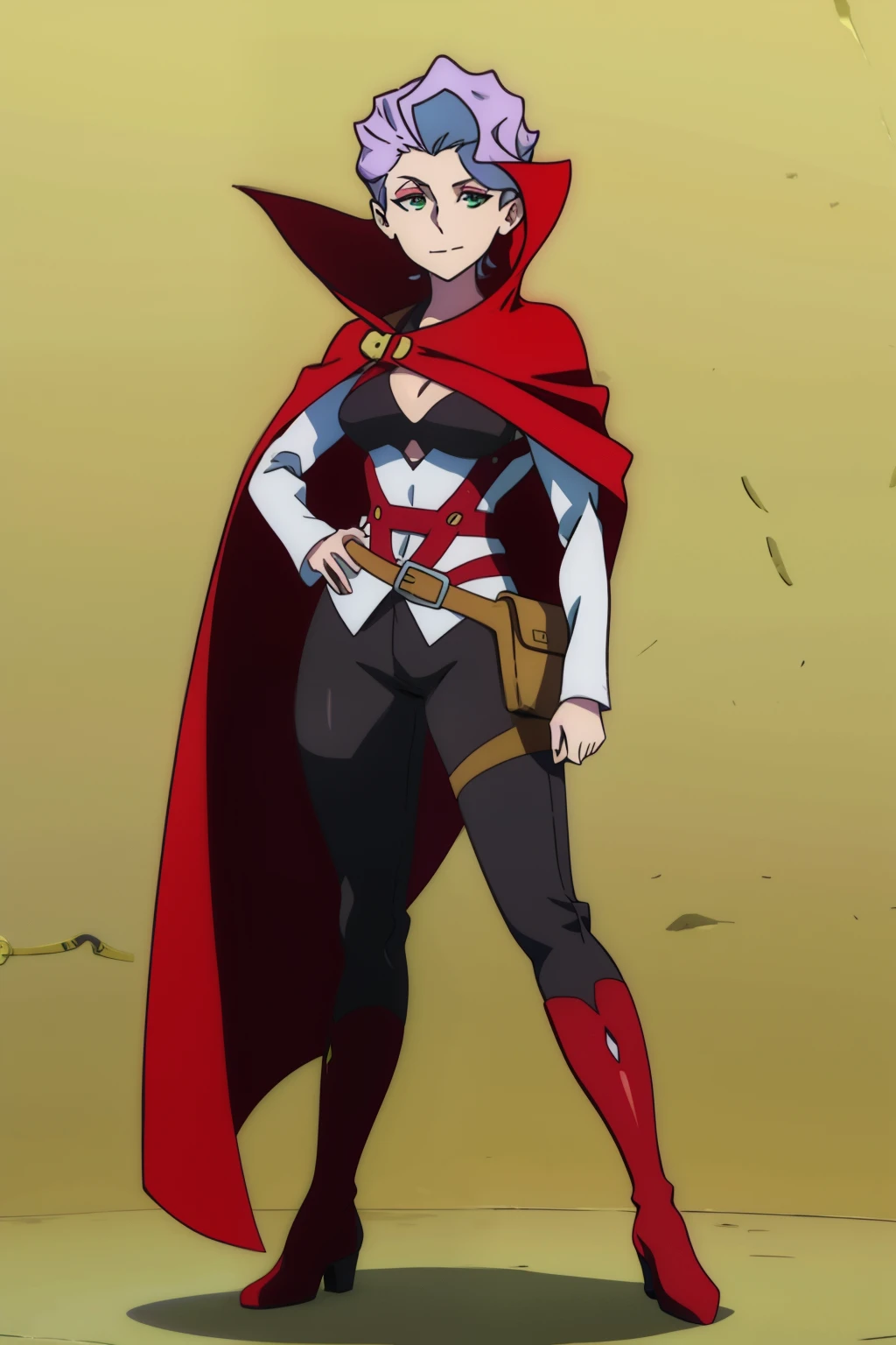 (best quality, top quality), masterpiece, best quality, croix meridies, 1girl, solo, short hair, purple hair, green eyes, makeup, closed mouth, medium breasts, cleavage, neckline, black bra, white shirt, red_ribbons, detached sleeves, long sleeves, black pants, red _boots, Tactical Belt Bag, red cape, full body