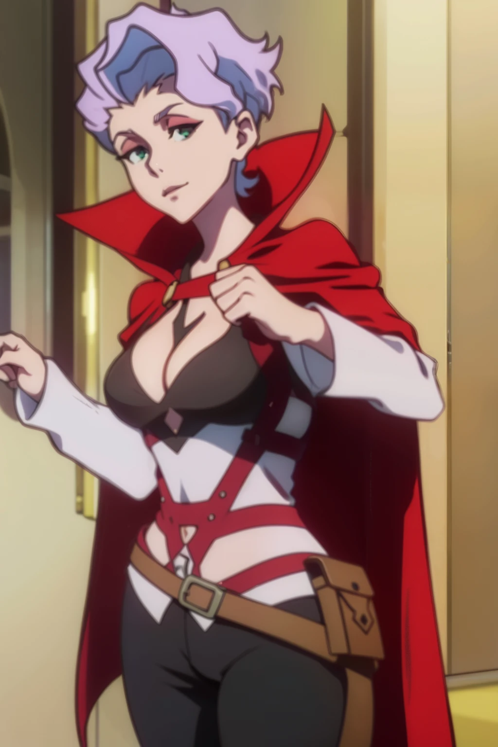 (best quality, top quality), masterpiece, best quality, croix meridies, 1girl, solo, short hair,  purple hair, green eyes, makeup,  closed mouth, medium breasts, cleavage, neckline,  black bra,  white shirt, red_ribbons, detached sleeves, long sleeves, black pants, red _boots, Tactical Belt Bag, red cape, full body