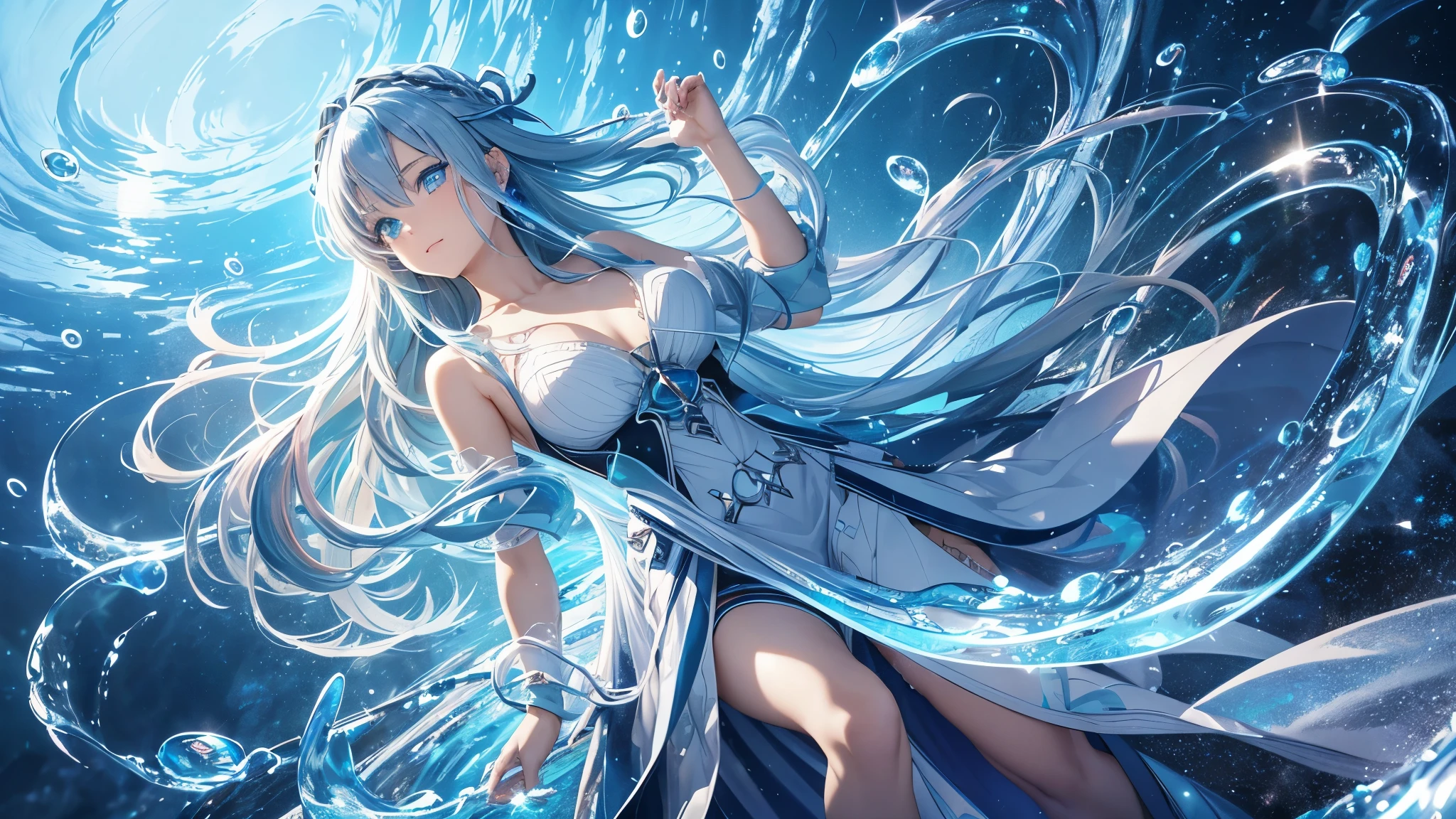 a water goddess, Looks cute, (Silver blue hair streaked glowing blue:1.6), (Gradient dark blue hair ends:1.4), absundly extra long floating hair, hair over one eye, hair strand, (((Illusion aqua blue eyes))), delicate eyes, aqua eyes, like real eyes, (((glowing aqua eyes))), Blue extra gorgeous maxi skirt, wide angle shot, Focus on face, Very detailed facial, sexy body, Random pose, Random expressions, ((Floating in the sky of the city)), (((floating on the water))), (((Hand holding glowing spinning water polo))), (huge liquid circles stand upright floating on the back:2), (((floating blue liquid turn around body))), ((blue magic circle halo on the head)), makeup, light blue nail, aqua earrings, starry night sky, meteor, chiaroscuro, ((glowing light)), (sparkle), ray tracing, cinematic lighting, motion blur, Futurism, anime, best quality, UHD, super detail, masterpiece, highres, ccurate,  textured skin, super detail face, perfect face, Super fine facial details, beautiful and delicate eyes, perfect eyes, anatomically correct, correct limbs, correct figner, super detail figner, best hair quality, best clothing quality, best prop quality, best halo detail and quality, best magic circle detail and quality, complex halo detail