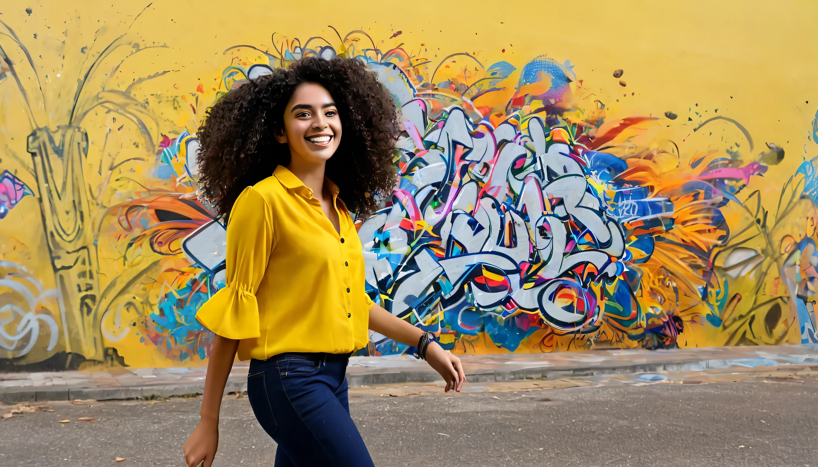 Describe a vibrant and dynamic scene of a 26-year-old Brazilian student walking across a university campus. She's wearing a yellow blouse , representando seu curso de arquiterura, and your face is lit by a contagious smile. Your hair is straight BLACK, have colorful locks that add a touch of youthfulness and creativity to your look. Enquanto ela anda, a trail of modern paintings and graffiti unfolds behind her, portraying the diversity and energy of the academic environment. Essas obras de arte expressam a multiplicidade de culturas, ideas and perspectives that flourish within the university community, creating an inspiring and lively setting. 4k
