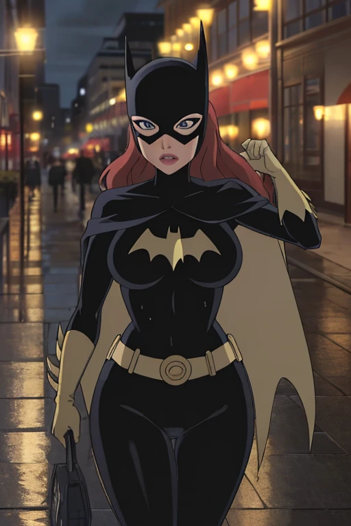 (masterpiece, best quality), intricate details, 1girl, CARTOON_batgirl_ownwaifu,www.ownwaifu.com,no mask,long hair,blue eyes,bodysuit,breasts,cape,domino mask,belt,medium breasts,superhero,gloves,lips,black bodysuit,no helmet,belt buckle,horns,bat_print,pouch, curvy, toned, large breasts, narrow waist, City, rain, wet pavement, puddles, reflections, sexy fit body  , scared very very much