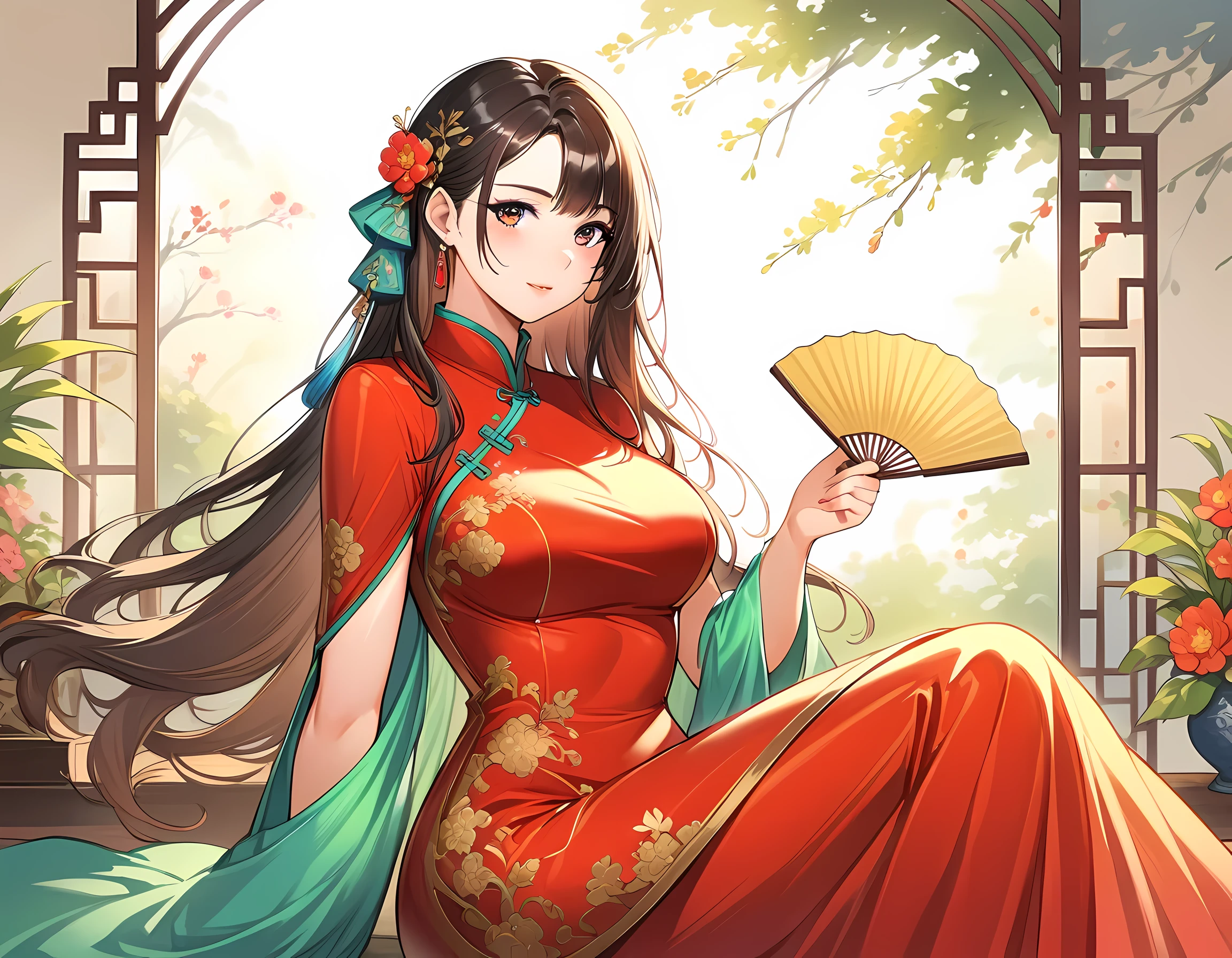 beautiful detailed eyes, beautiful detailed lips, long black hair, elegant figure, fashionable dress, confident expression, graceful posture, in a traditional Chinese garden, surrounded by blooming flowers and vibrant greenery, soft sunlight filtering through the trees, creating a warm and ethereal atmosphere, wearing a delicate silk qipao, with intricate embroidery and a flowing silhouette, the colors of the dress are vibrant and rich, combining traditional and modern elements, the woman is holding a delicate fan in her hand, with delicate and intricate patterns, bringing a sense of elegance and grace, the garden is filled with the soft fragrance of flowers, creating a peaceful and serene ambiance, the woman is the focus of the painting, exuding a sense of strength, beauty, and inner peace, the painting is done in a realistic style, with ultra-detailed and sharp focus, capturing every fine detail of the woman and the garden, the colors are vivid and vibrant, with a warm color tone, the lighting is soft and gentle, casting subtle shadows that enhance the depth and dimension of the scene, creating a masterpiece of art that showcases the beauty and grace of an adult Chinese woman in a traditional garden setting.