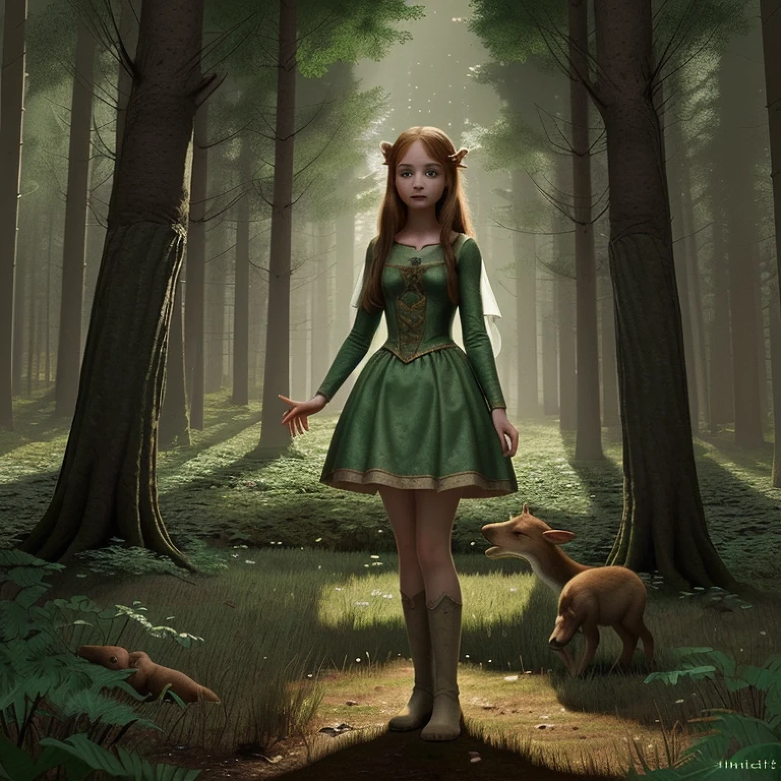 Illustration for a fairy tale about a girl, standing in the forest, who can talk to animals"