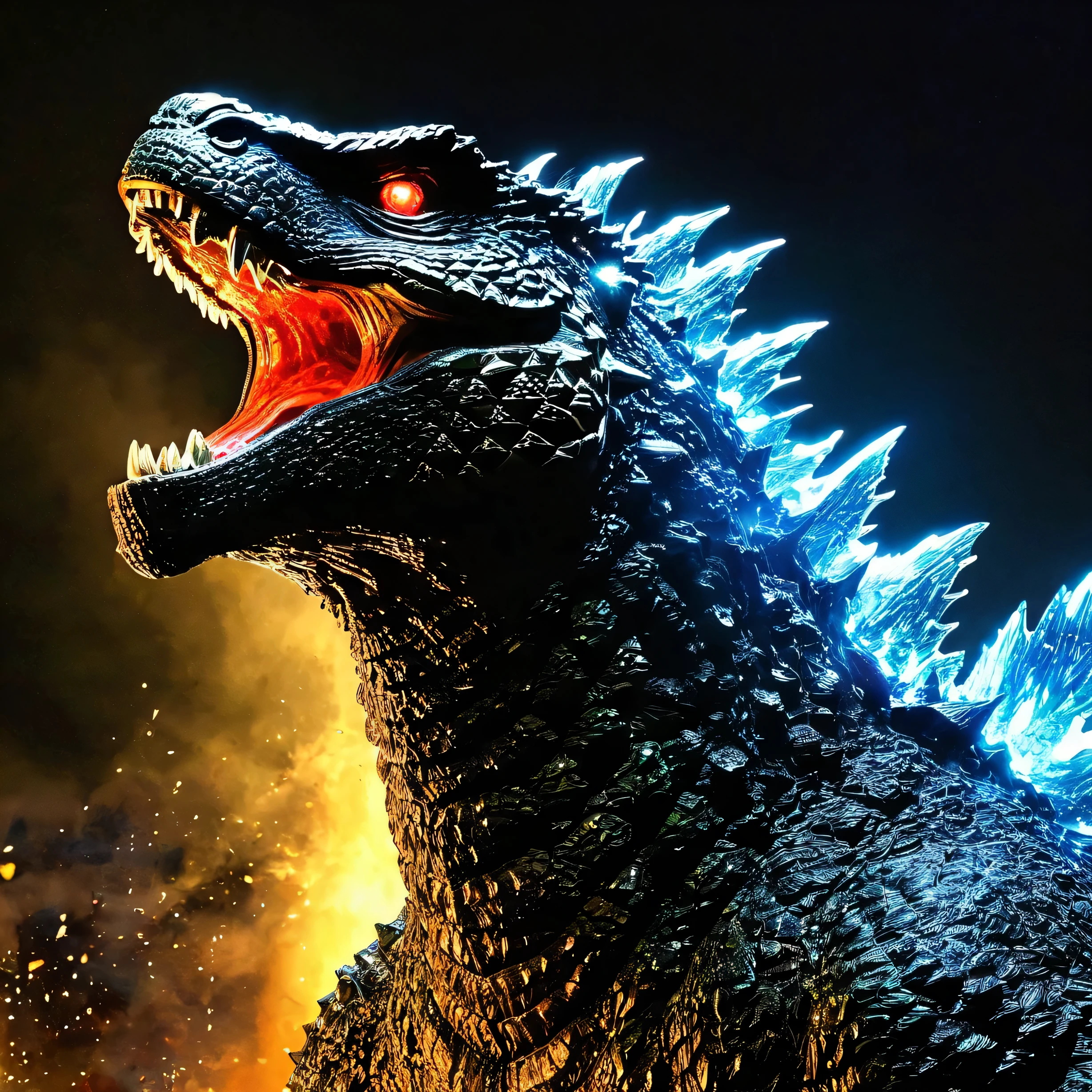 （（masterpiece））,（（highest quality））,（（finely））,Godzilla、Impressive、emits a pale ray of light