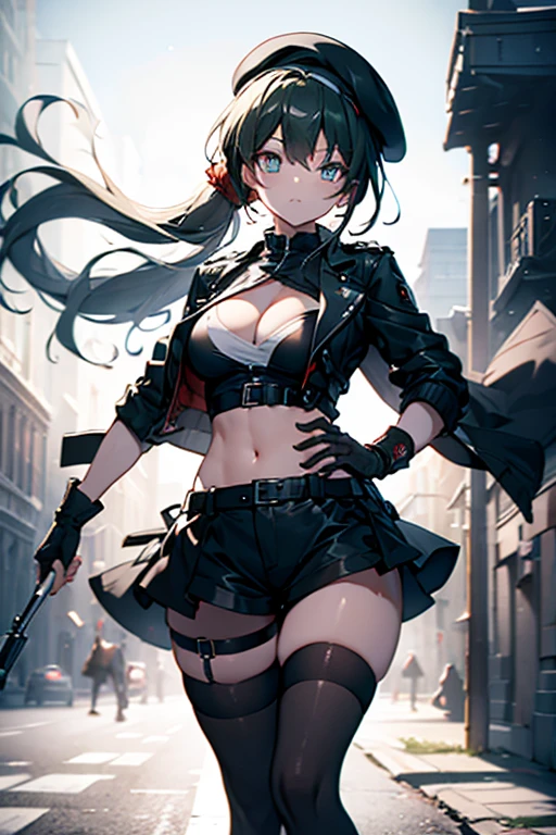 ubel,dark green hair,long hair,side ponytail,hair between eyes,bangs, BREAK (beret, black jacket, open clothes, cleavage, midriff, black shorts, black thighhighs, thigh strap, fingerless gloves, single glove:1.2) BREAK blurry background, BREAK pose, hand on hip, BREAK (masterpiece:1.2), best quality, high resolution, unity 8k wallpaper, (illustration:0.8), (beautiful detailed eyes:1.6), extremely detailed face, perfect lighting, extremely detailed CG, (perfect hands, perfect anatomy),
