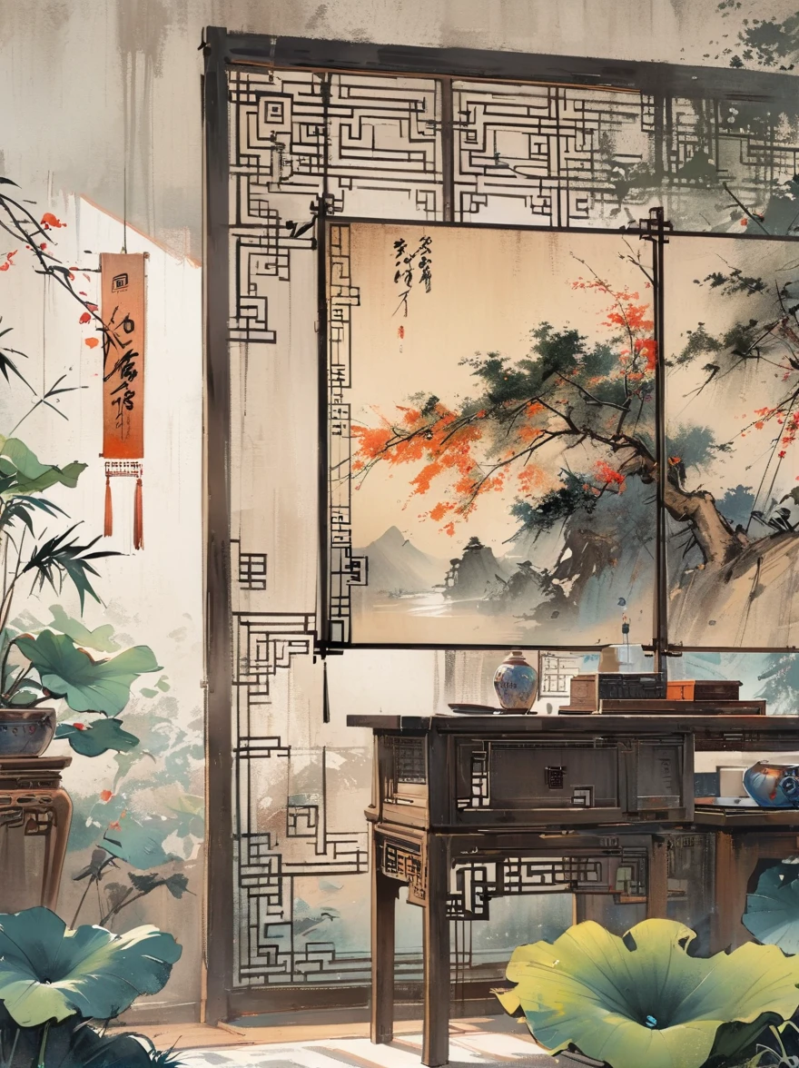 front view,Volumetric light,,medium close shot,medium shot(MS),high detail,high resolution,coffee table,Chinese style,Indoor study,screen,Pay attention to the effect and atmosphere,Realistic,Chinese ink painting style,