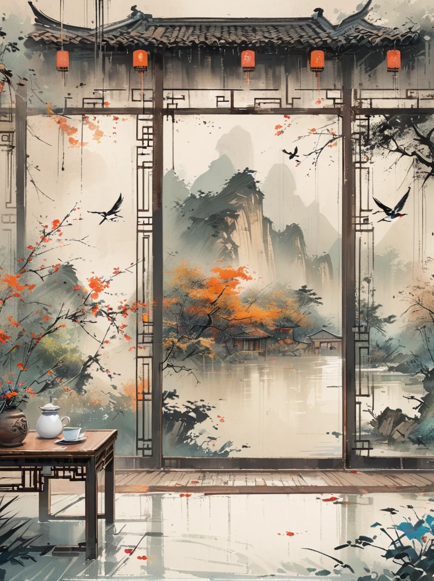 front view，Volumetric light，，medium close shot，medium shot(MS)，high detail，high resolution，coffee table，Chinese style，Indoor study，screen，Pay attention to the effect and atmosphere，Realistic，Chinese ink painting style，