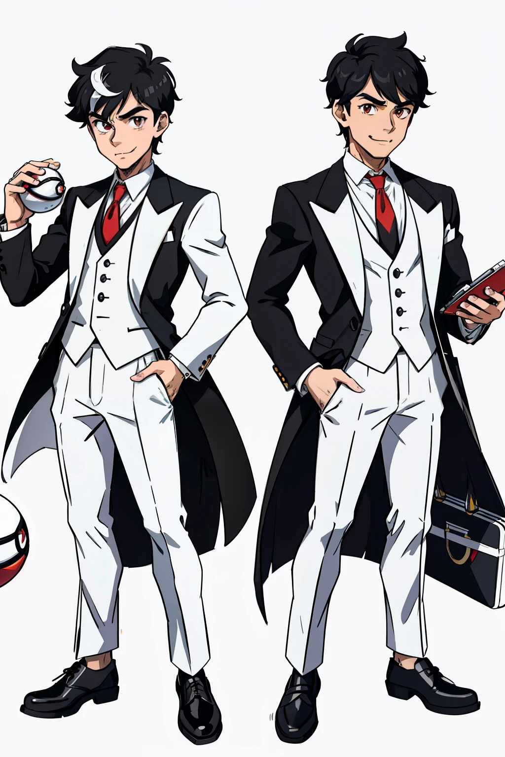 drawing art style of pokemon, pokemon trainer, sketches of a high class teenager head of body with full white tuxedo with lilac tie, white pants and black shoes, high quality sarcastic smile, black hair with white streaks in peaky blinder style , red eyes, with a silver briefcase in his left hand, his right hand is extended holding a pokeball, only one person