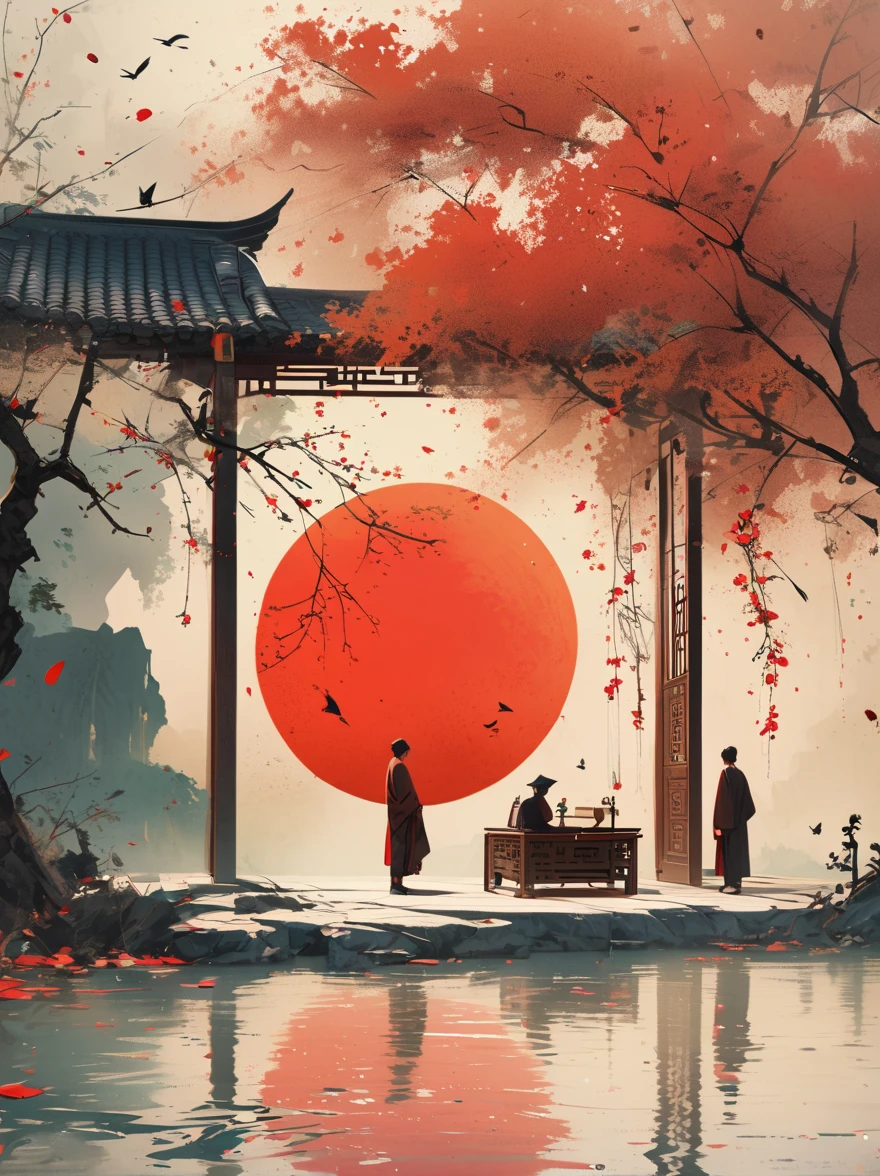Minimalist composition red sun with black man sitting on it mirror reflection of tree and water surface, surrealism, clean background, in the style of cinema4d rendering, high resolution photography, dream scene, minimalist sculpture art installation, ink painting, Chinese style