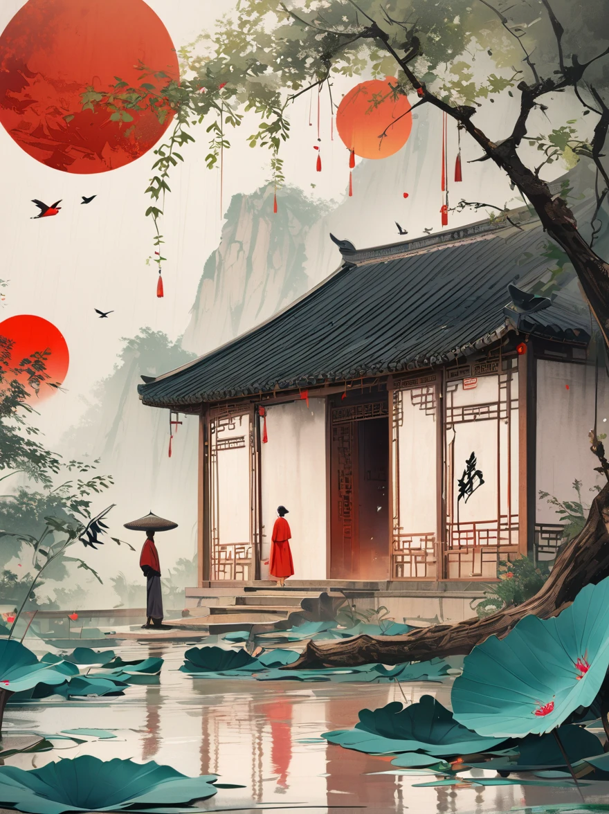 Minimalist composition red sun with black man sitting on it mirror reflection of tree and water surface, surrealism, clean background, in the style of cinema4d rendering, high resolution photography, dream scene, minimalist sculpture art installation, ink painting, Chinese style