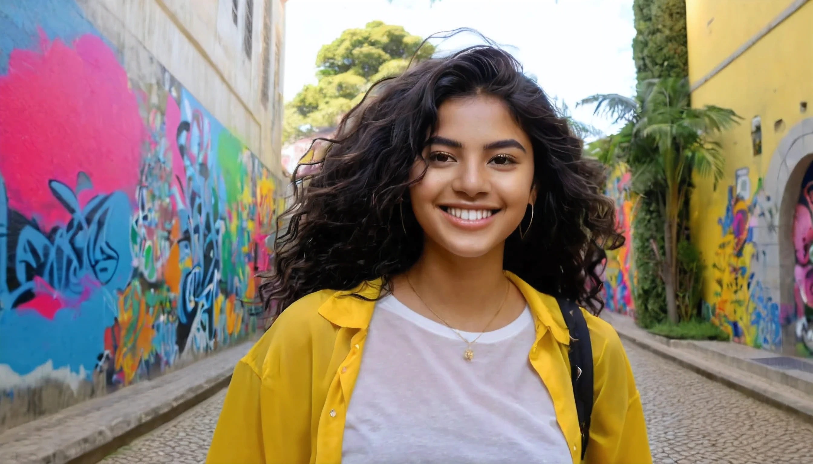 Describe a vibrant and dynamic scene of a 26-year-old Brazilian student walking across a university campus. She's wearing a yellow blouse , representando seu curso de arquiterura, and your face is lit by a contagious smile. Your hair is straight BLACK, have colorful locks that add a touch of youthfulness and creativity to your look. Enquanto ela anda, a trail of modern paintings and graffiti unfolds behind her, portraying the diversity and energy of the academic environment. Essas obras de arte expressam a multiplicidade de culturas, ideas and perspectives that flourish within the university community, creating an inspiring and lively setting. 4k