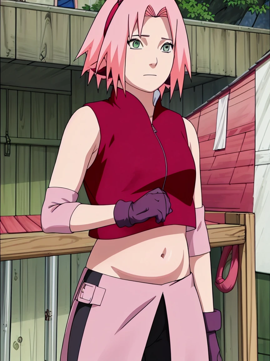 High-quality, ultra-detailed, realistic artwork of a scene from "Sakura Shippuden" with vivid colors, perfect for 4K or 8K resolutions. The scene depicts Sakura Haruno, a young woman, standing gracefully in a garden surrounded by blooming sakura (cherry blossom) trees. She is wearing a red jacket embroidered with t(((lifting her top and show her belly))),((long belly)) the Hidden Leaf Village. Her leg is bandaged, indicating a recent injur, emphasizing her femininity and agility.

Sakura has shoulder-length bangs that softly frame her face, revealing her beautiful, green eyes. Her face is adorned with a forehead protector, which bears the Konohagakure symbol, signifying her allegiance to her village. The artwork showcases Sakura's attention to detail, including her long eyelashes, detailed lips, and delicate features, capturing her determination and inner strength.

The lighting in the scene is soft and warm, casting a gentle glow on the petals of the sakura blossoms. The vibrant colors of the cherry blossoms contrast against Sakura's black short sleeves and gloves, adding depth to the composition. The overall color scheme leans towards pastel tones, enhancing the serene and tranquil atmosphere of the garden.

This masterpiece artwork aims to capture the essence of Sakura Haruno's character, portraying her as a confident, skilled kunoichi amidst the delicate beauty of the sakura garden. The attention to detail, vibrant colors, and realistic rendering will bring this scene to life, evoking the spirit of "Sakura Shippuden" in a visually stunning manner.